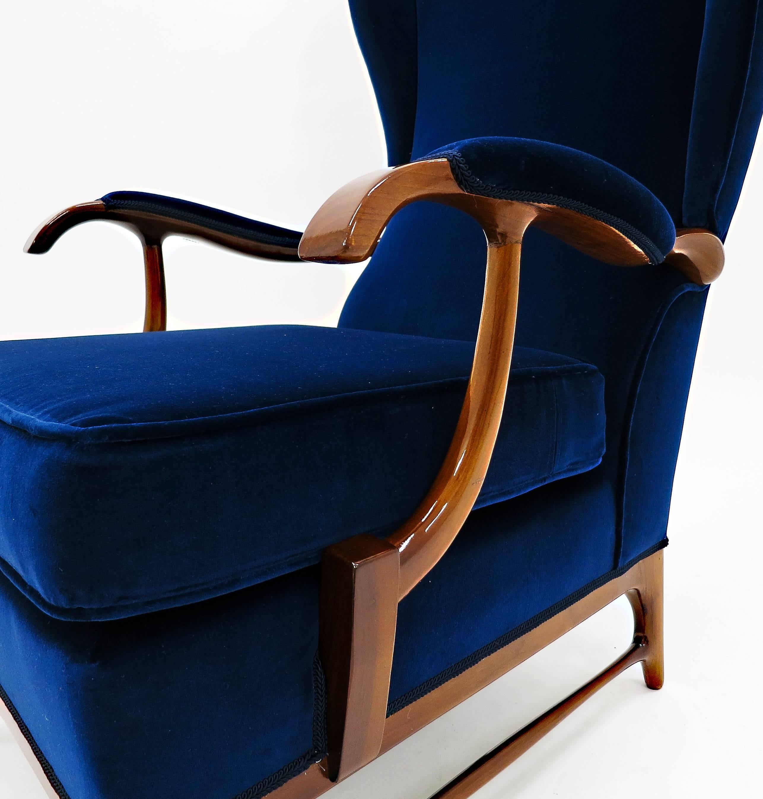 20th Century Paolo Buffa Armchair in Walnut and Velvet, Italian, 1950s For Sale