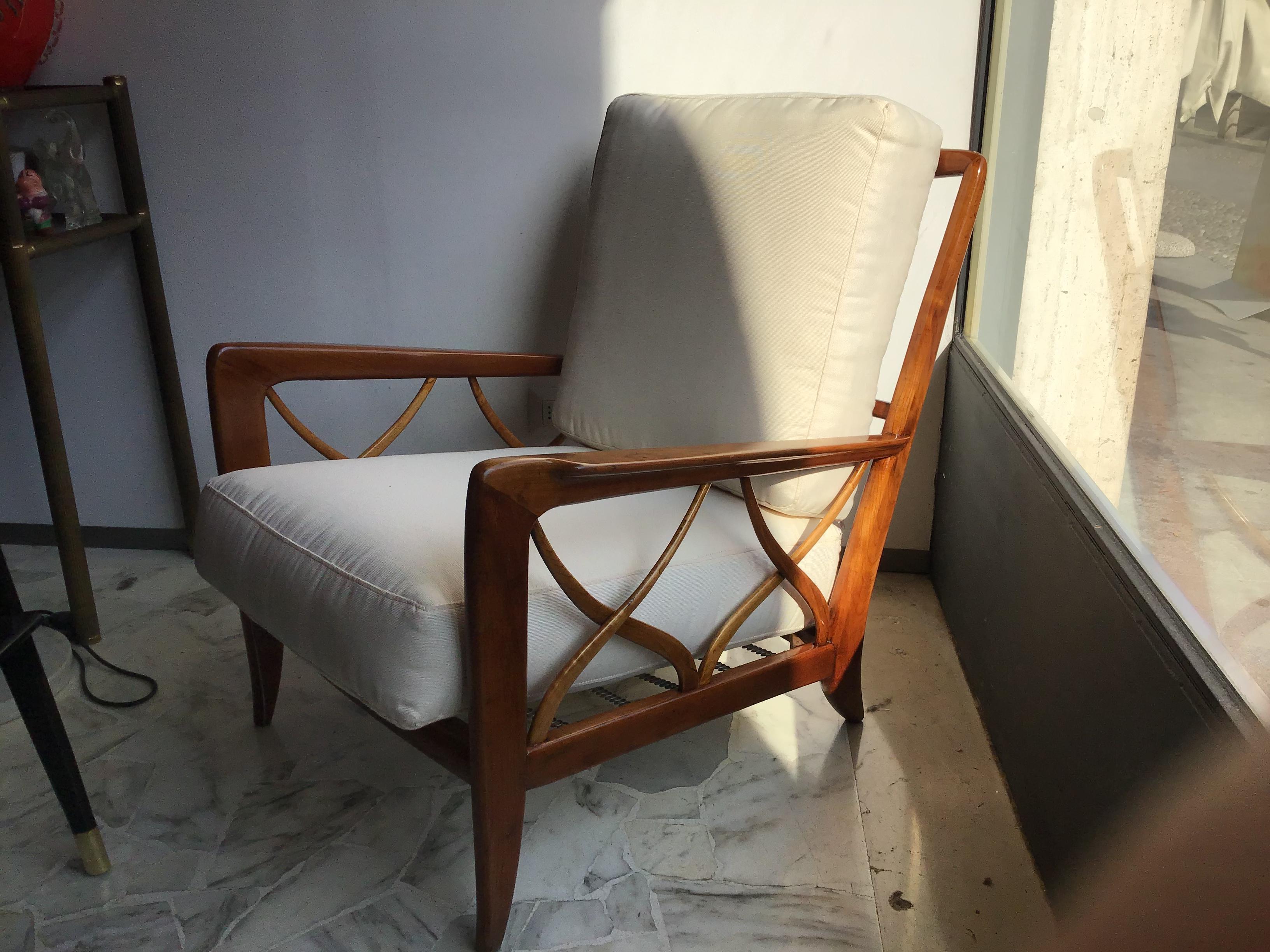 Paolo Buffa Armchair Wood Iron Fabric Padded Seat, 1950, Italy 7