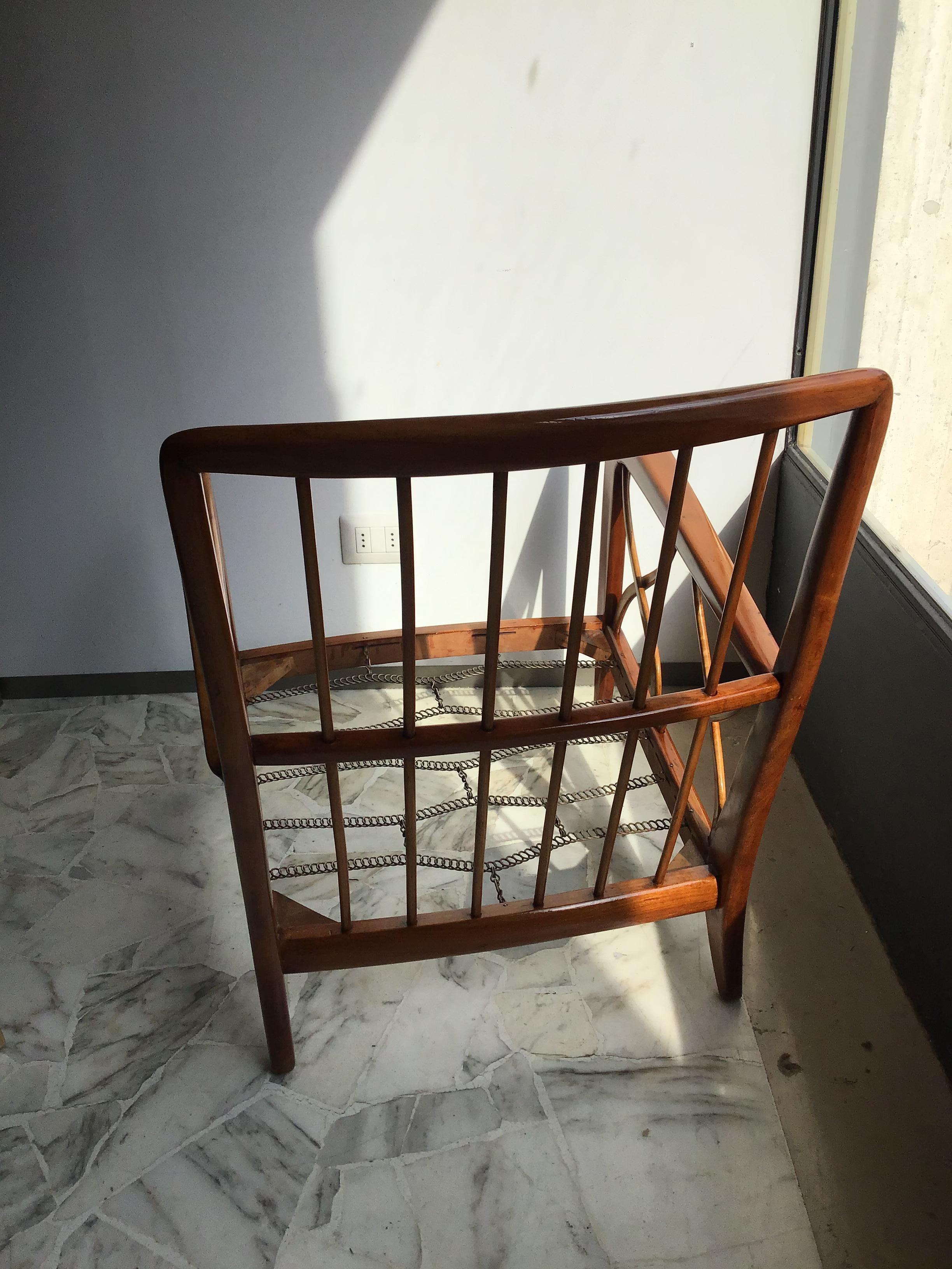 Italian Paolo Buffa Armchair Wood Iron Fabric Padded Seat, 1950, Italy