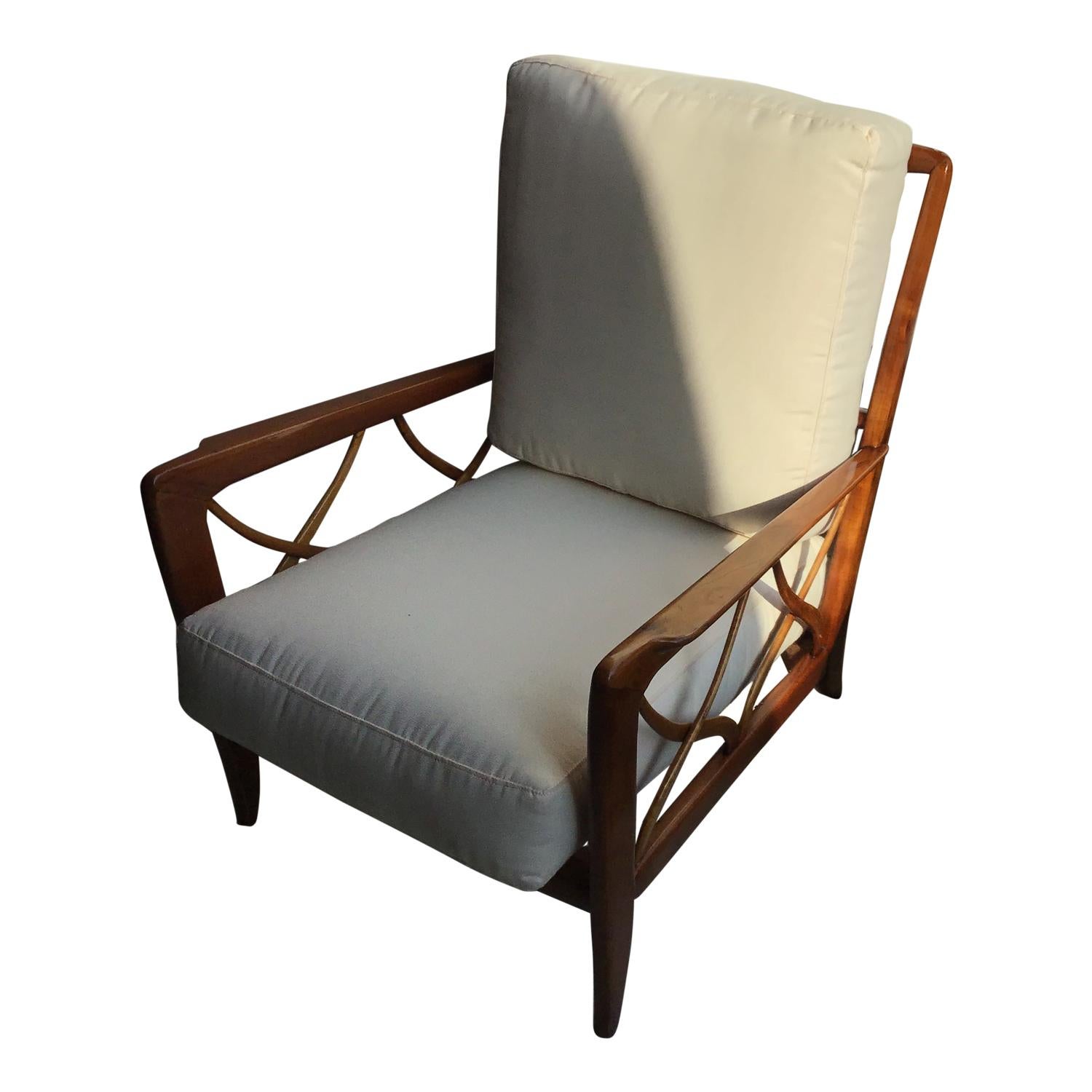 Paolo Buffa Armchair Wood Iron Fabric Padded Seat, 1950, Italy