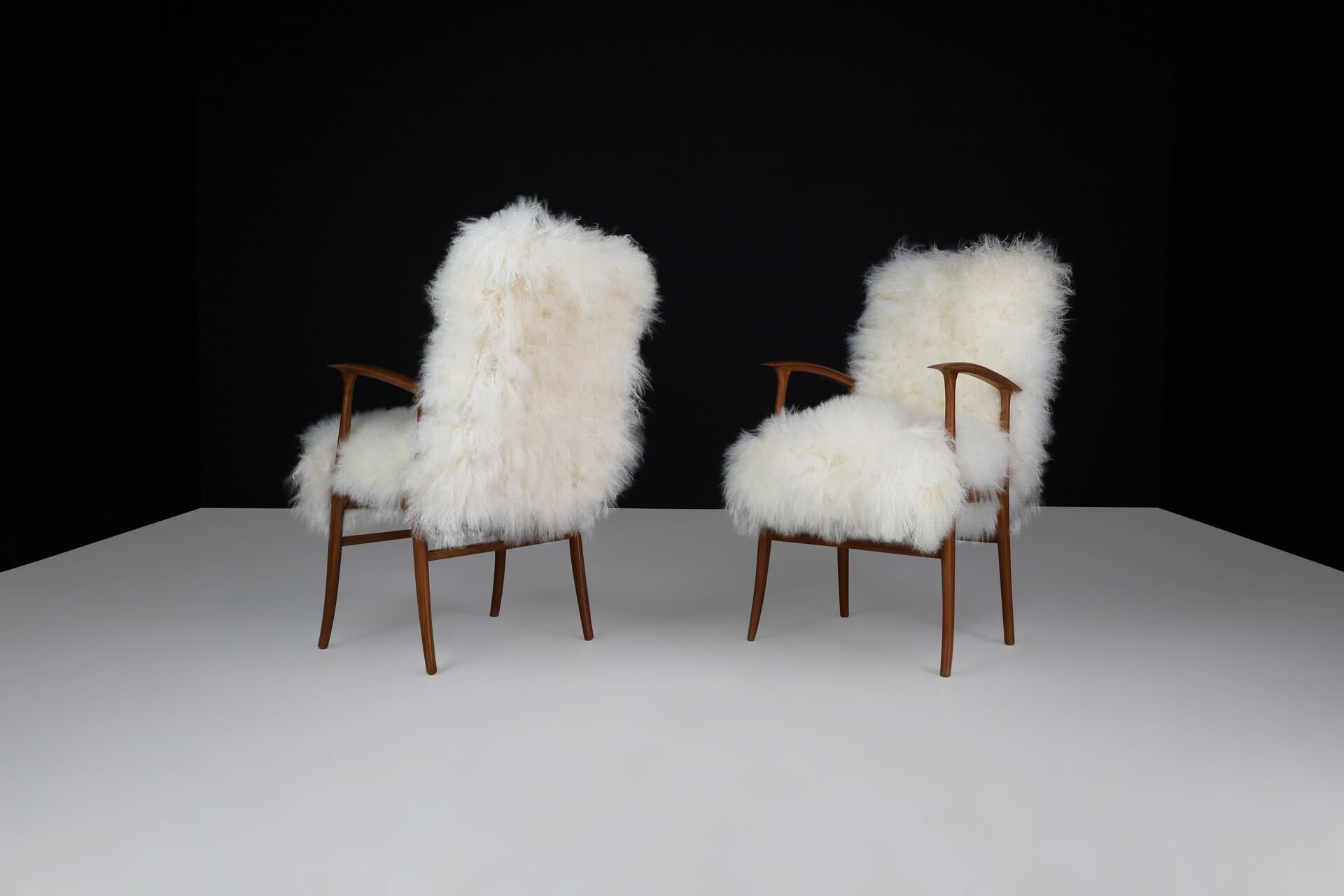 Mid-20th Century Paolo Buffa Armchairs In Walnut And Tibetan Wool, Italy circa 1950s For Sale