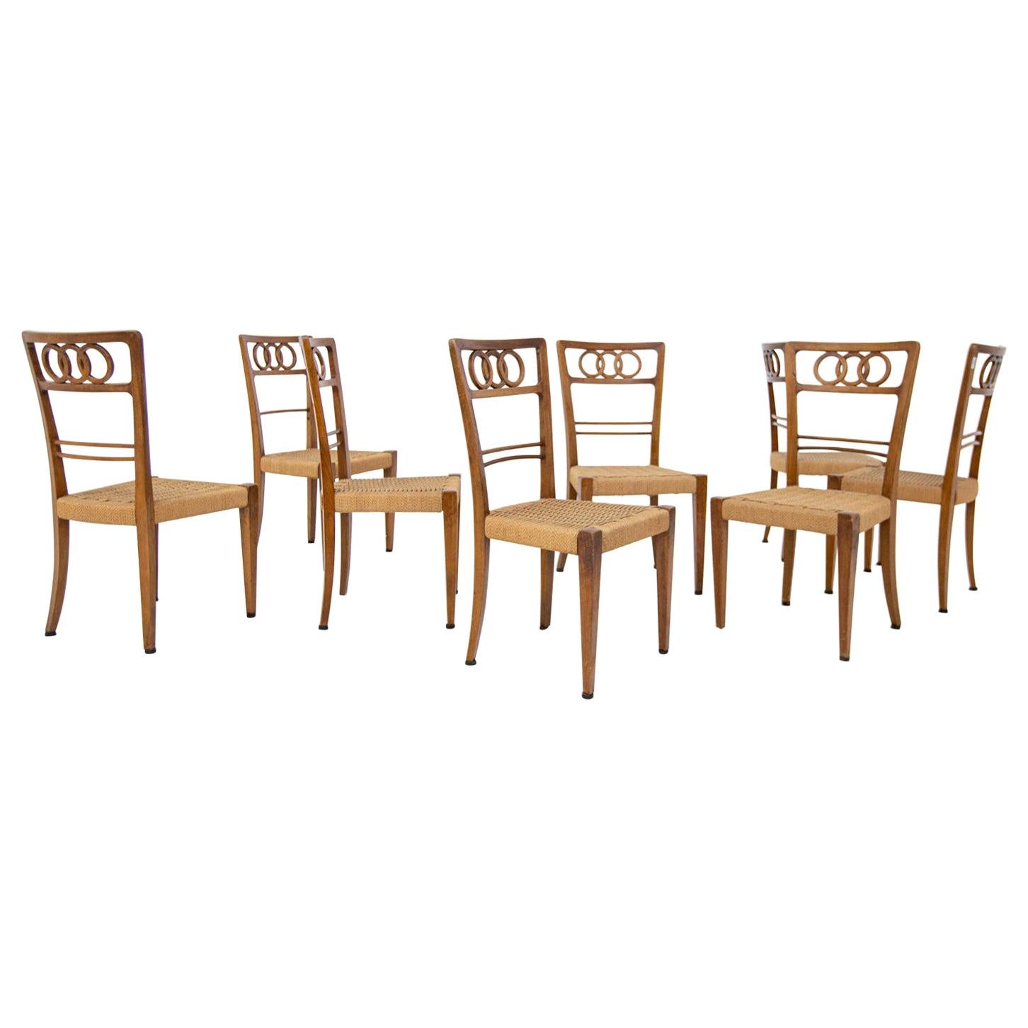 Paolo Buffa Attr. Set of Eight Chairs in Walnut Wood and Straw, 1950s