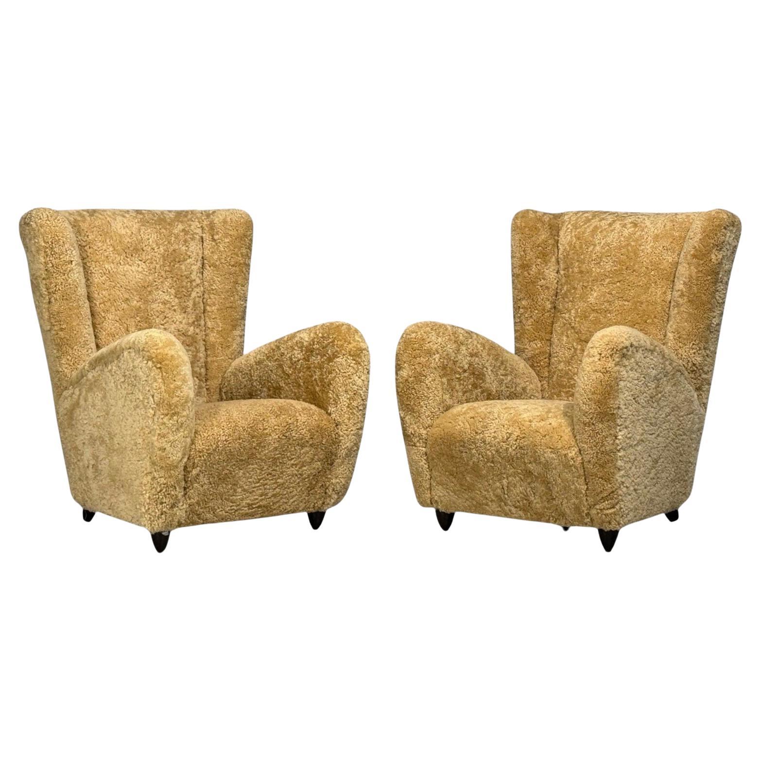 Paolo Buffa Attribut, Beige Shearling, Wood, Chaises longues, Italie, années 1950