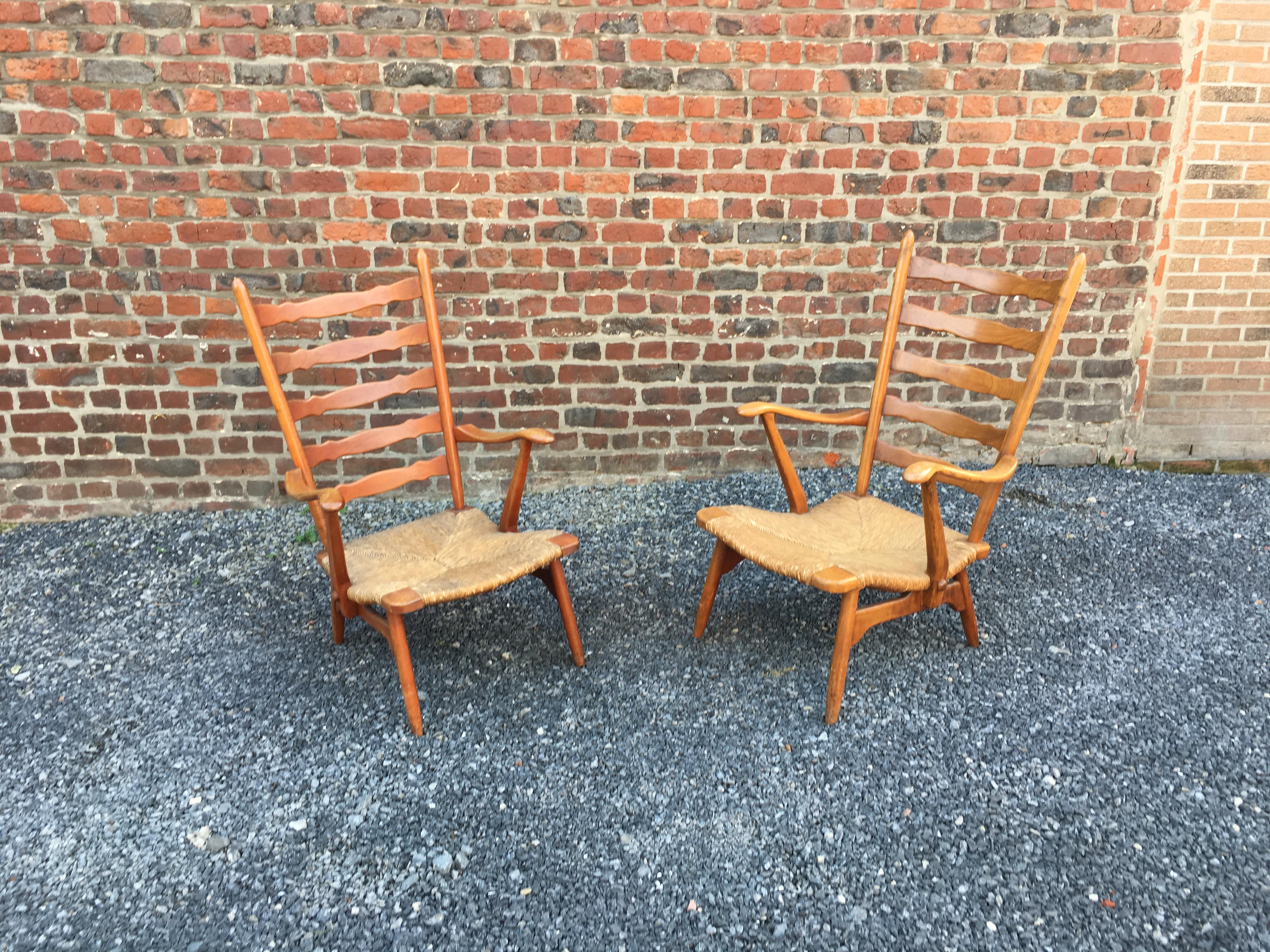 Mid-Century Modern Paolo Buffa 'Attributed to' Pair of Cherrywood and Straw Italian Armchairs For Sale