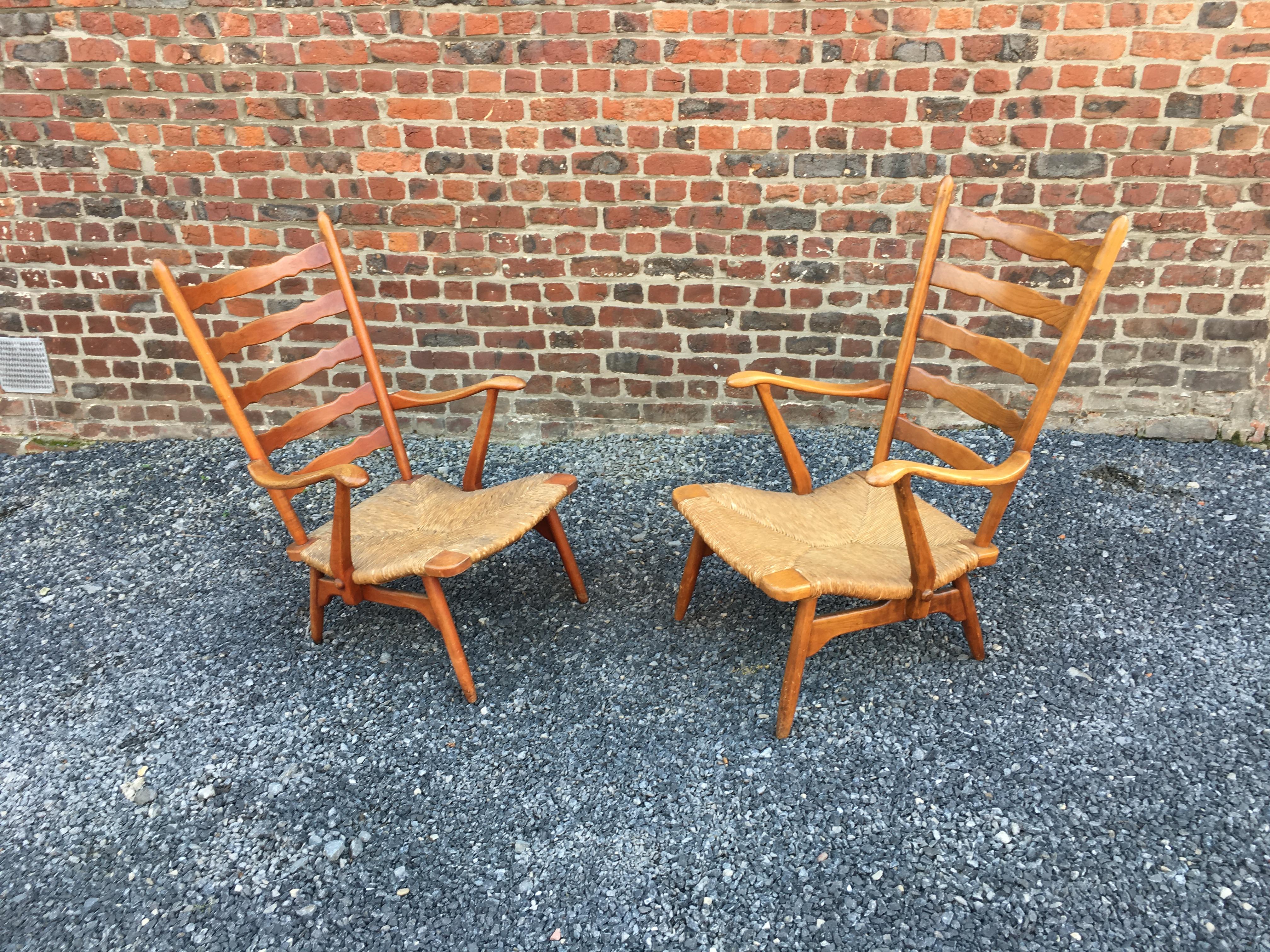 Paolo Buffa 'Attributed to' Pair of Cherrywood and Straw Italian Armchairs For Sale 1