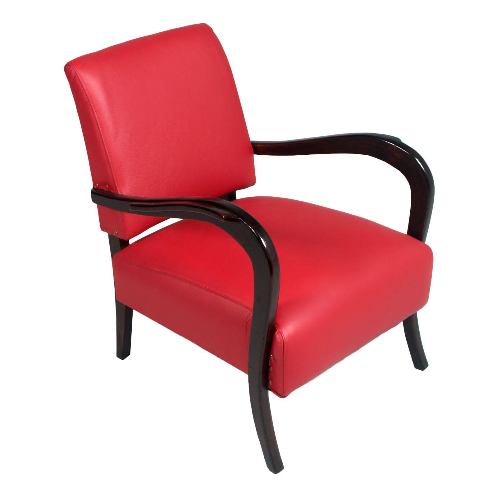 Italienische 1930er Jahre schönes Paar von zwei Art Deco Sessel mit geschwungenen Armlehnen in ebonisiert Nussbaum
Beide Clubsessel wurden komplett restauriert und mit elegantem und originalem Leder in der Farbe Rot Frau neu bezogen.
Die Stühle