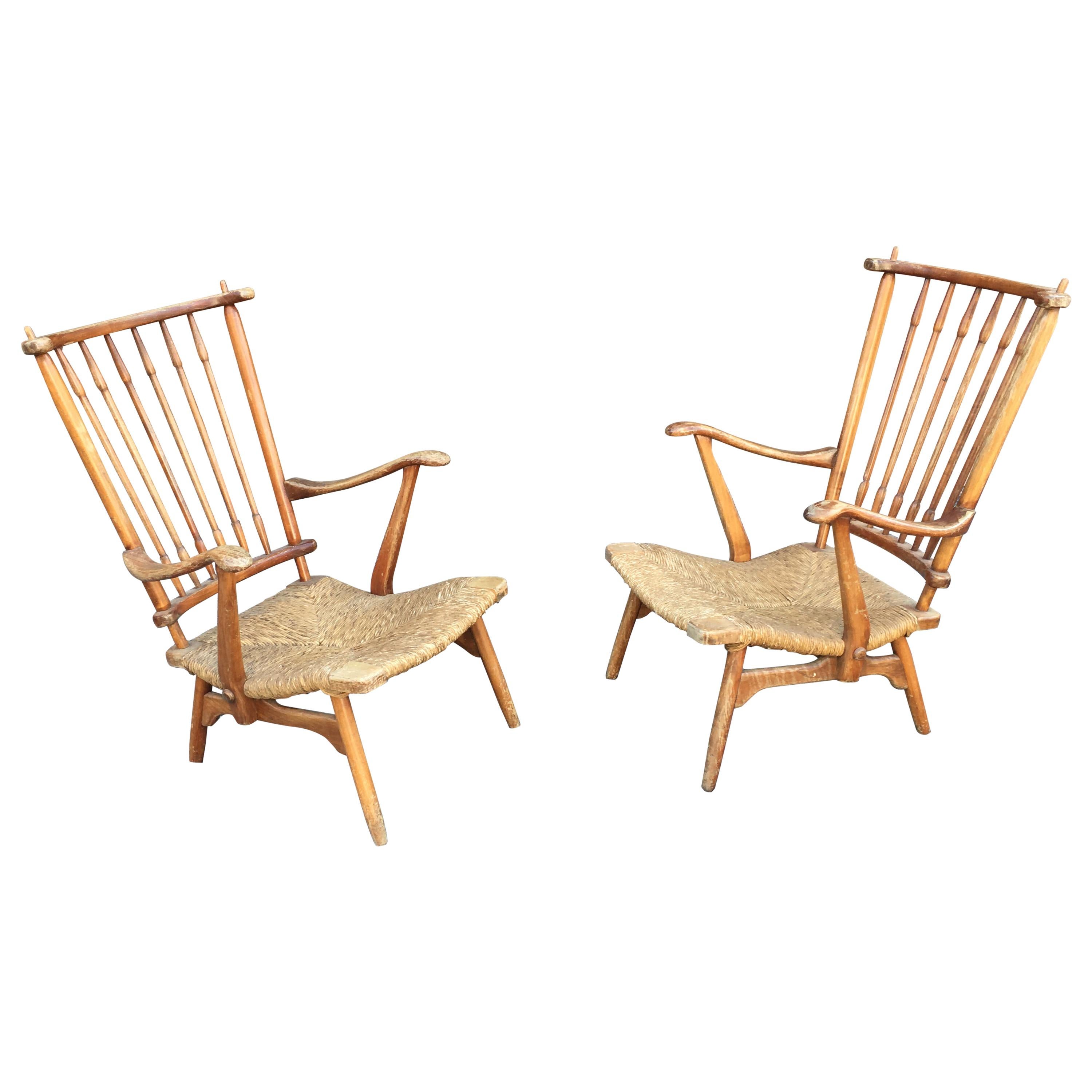 Paolo Buffa 'Attributed to' Pair of Cherrywood and Straw Italian Armchairs