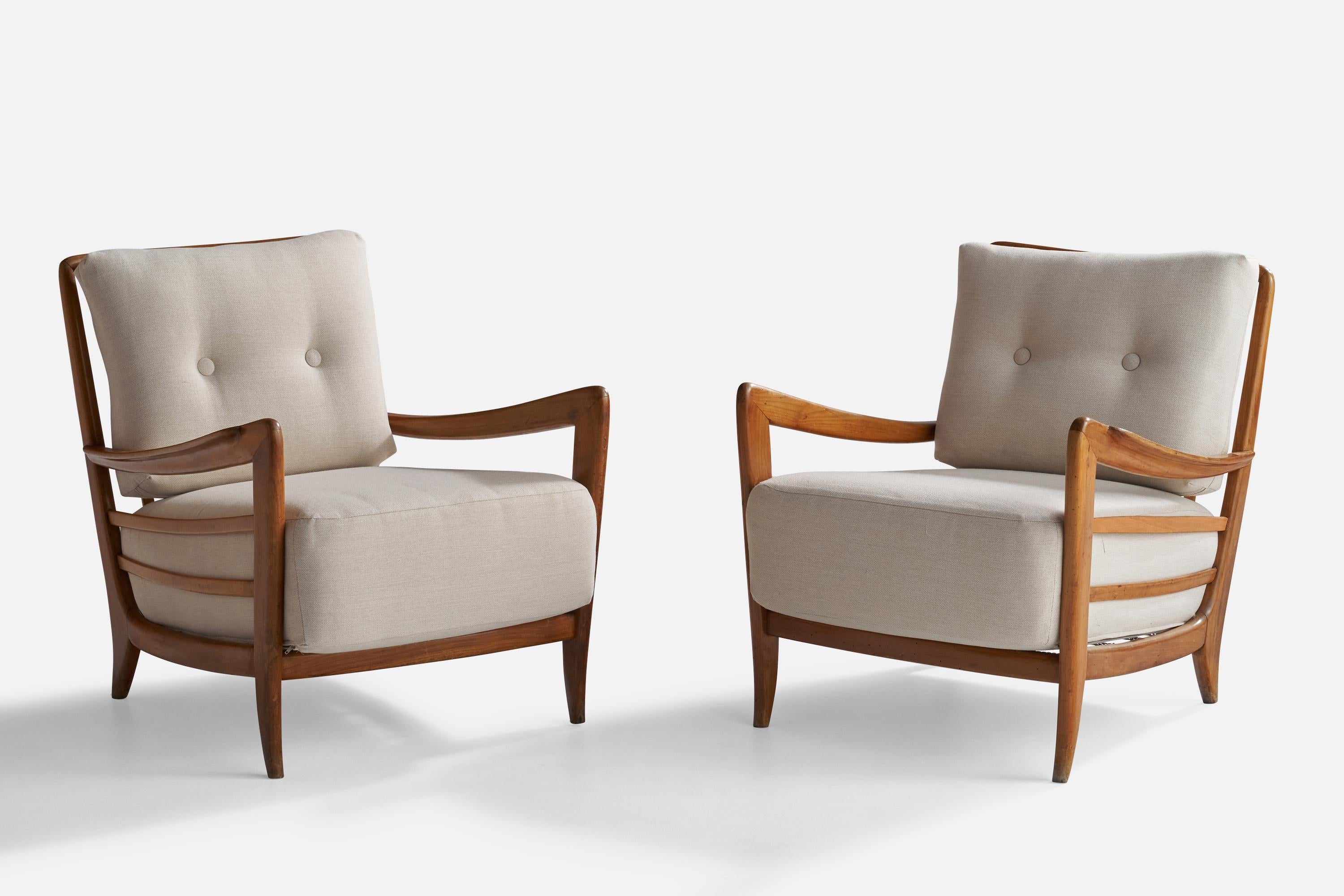 Modern Paolo Buffa Attribution, Lounge Chairs, Fabric, Walnut, Italy, 1940s For Sale