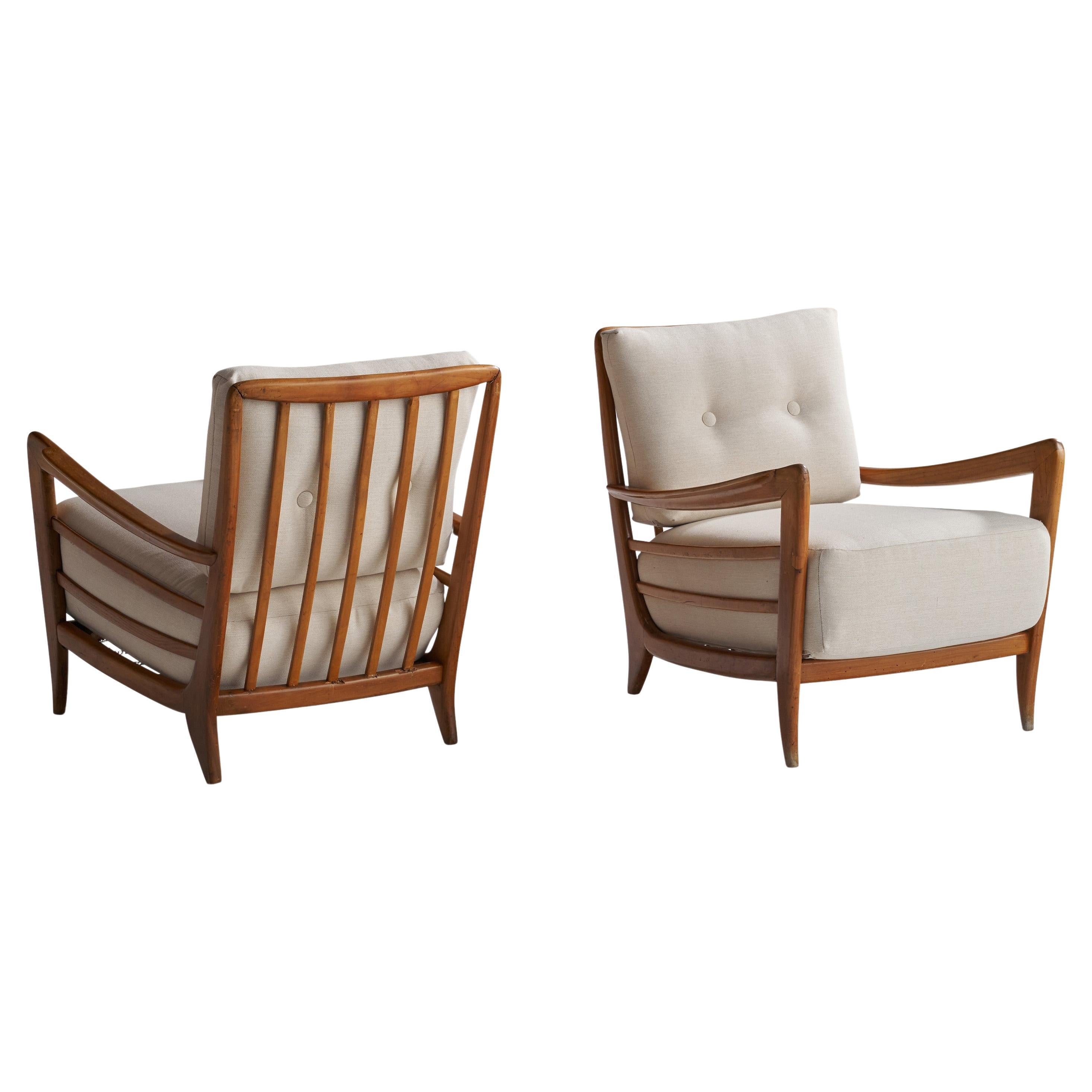 Paolo Buffa Attribution, Lounge Chairs, Fabric, Walnut, Italy, 1940s For Sale