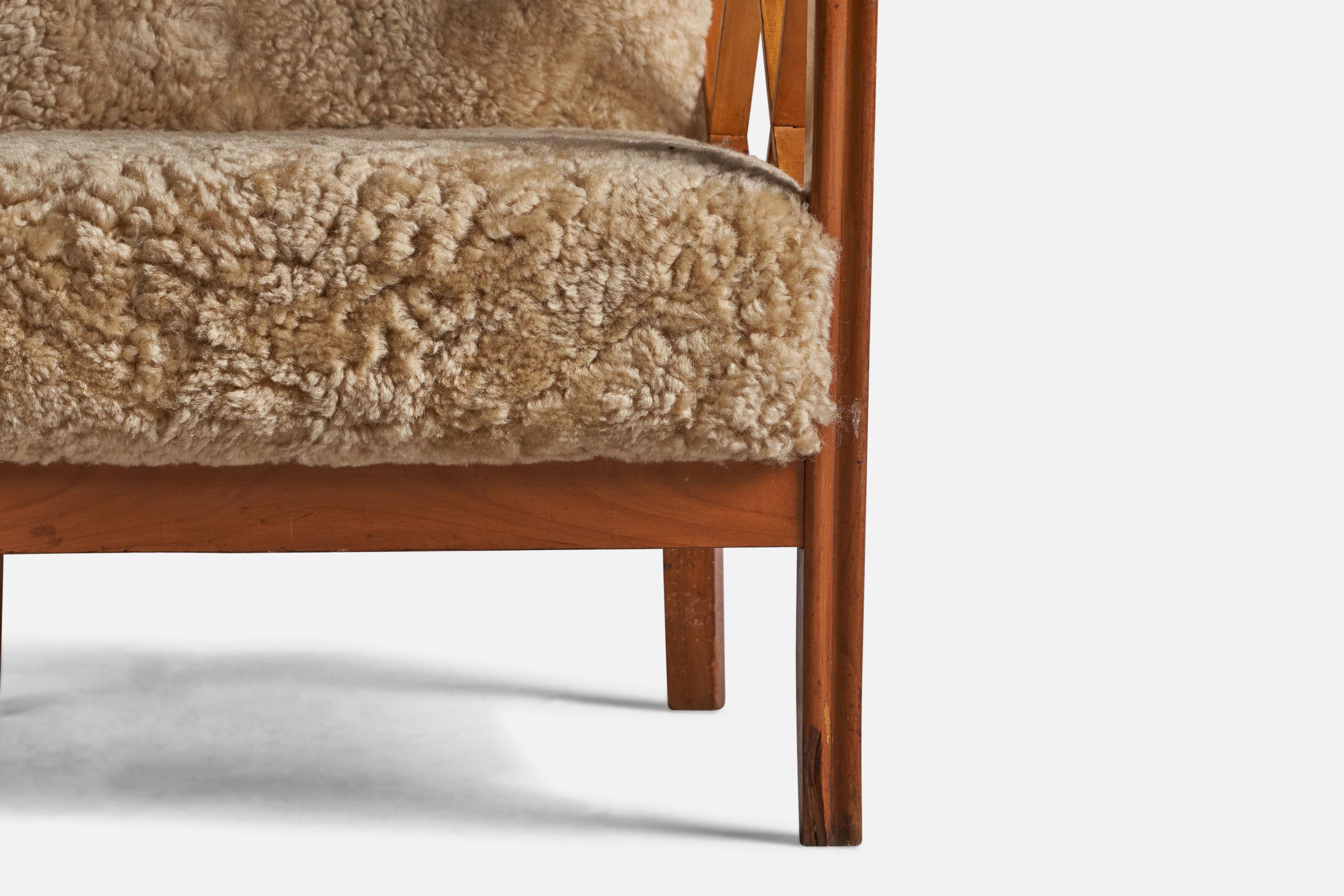 Sheepskin Paolo Buffa Attribution, Lounge Chairs, Walnut, Shearling, Italy, 1940s For Sale