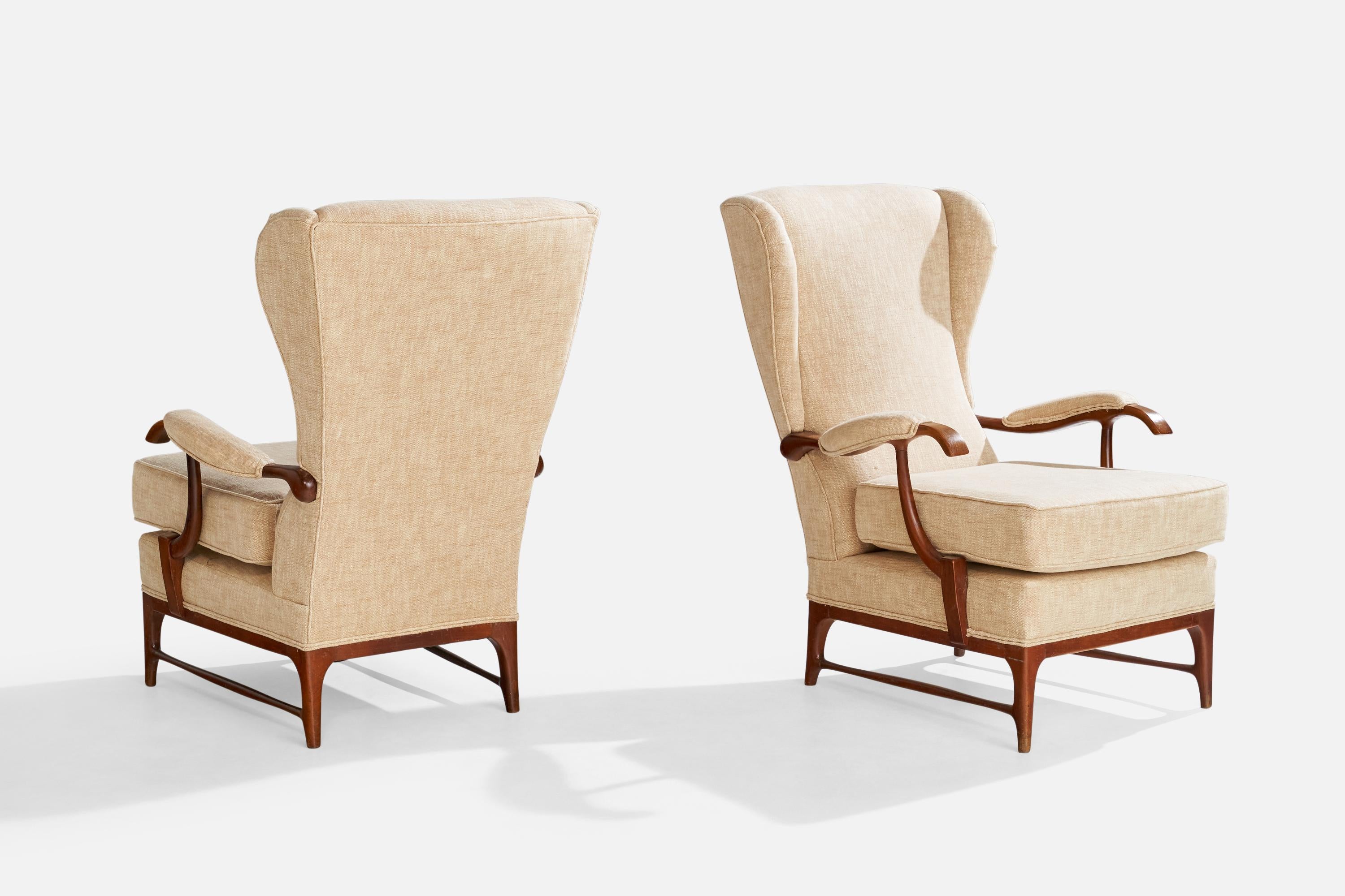 Mid-Century Modern Paolo Buffa Attribution, Lounge Chairs, Wood, Fabric, Italy, 1950s For Sale