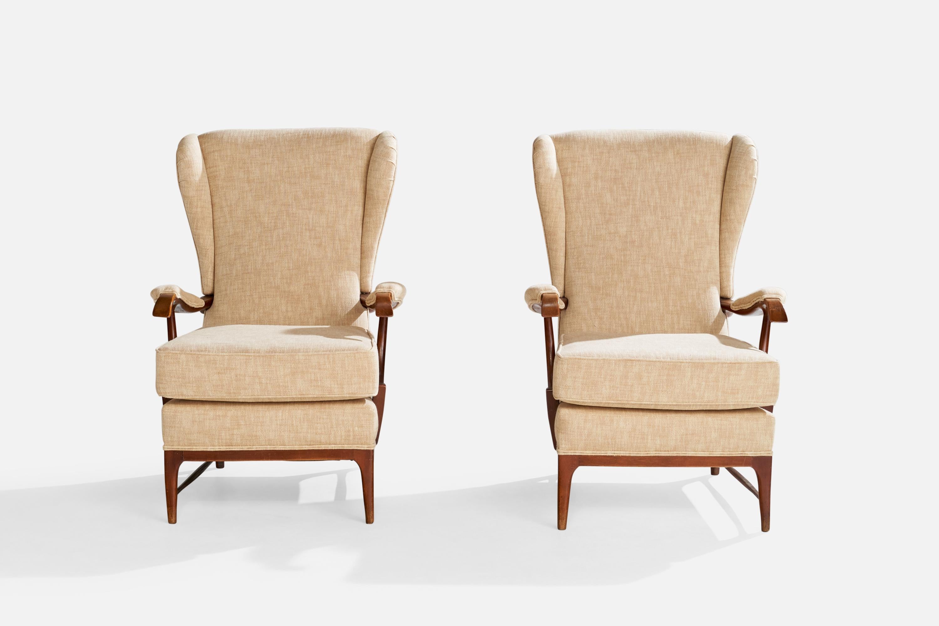 Italian Paolo Buffa Attribution, Lounge Chairs, Wood, Fabric, Italy, 1950s For Sale