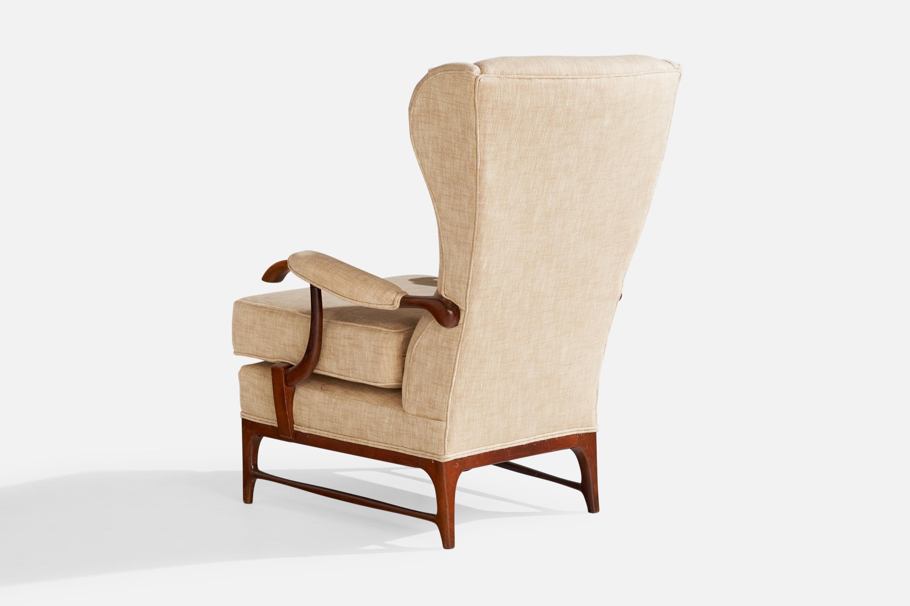 Mid-20th Century Paolo Buffa Attribution, Lounge Chairs, Wood, Fabric, Italy, 1950s For Sale
