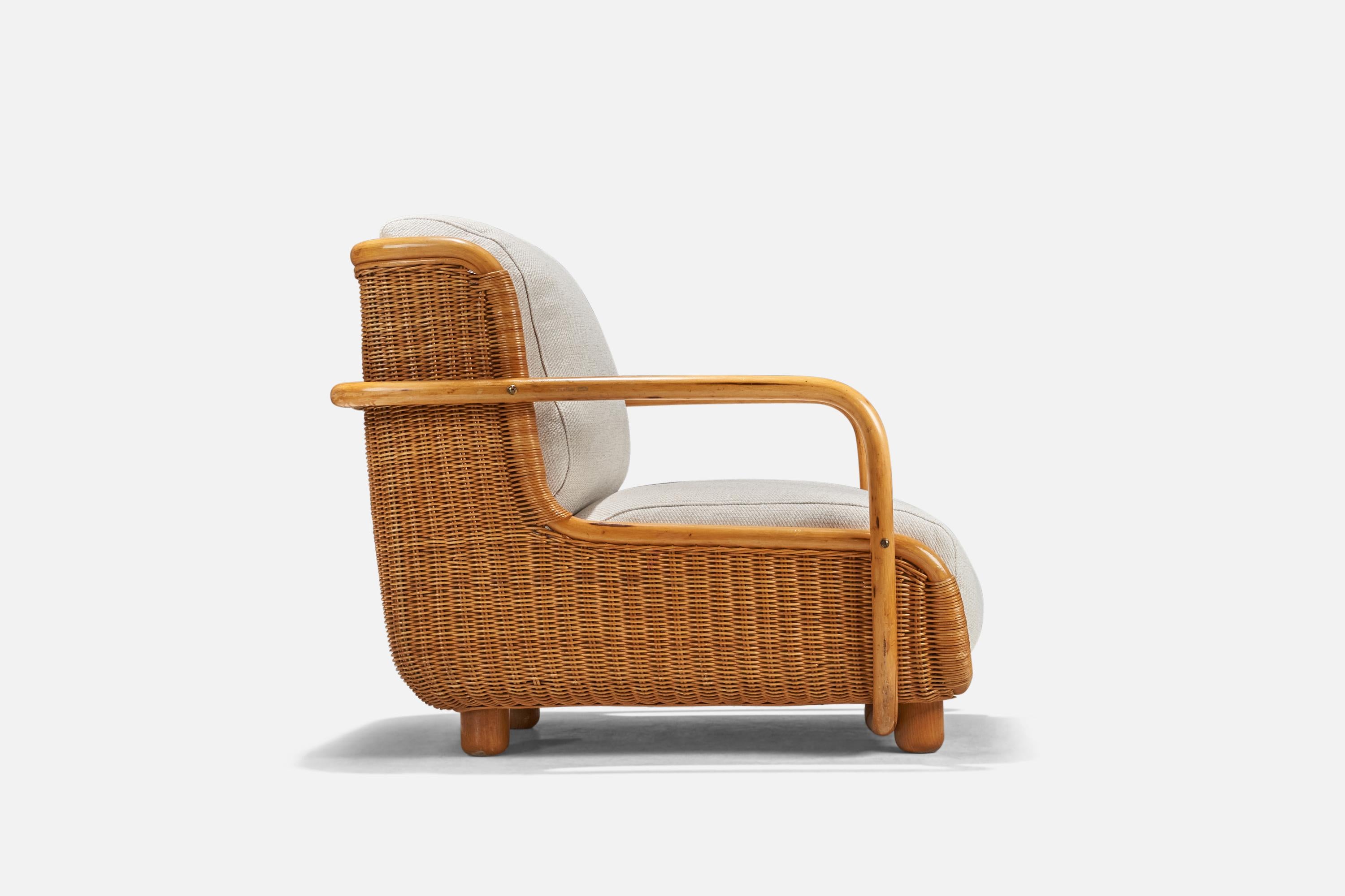 Paolo Buffa Attribution, Lounge Chairs, Wood, Rattan, Fabric, Italy, 1940s 1