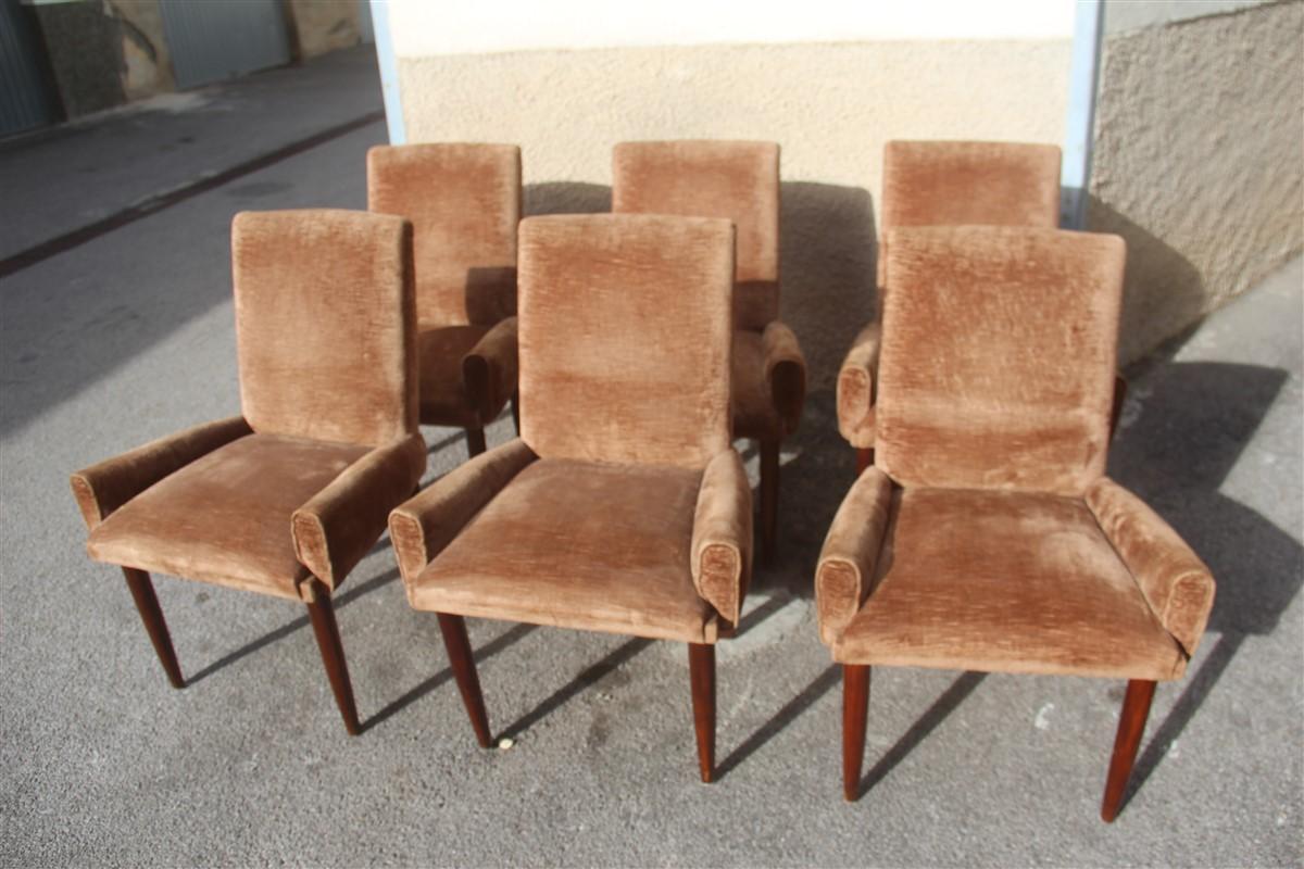 Paolo Buffa brown velvet chairs midcentury Italian design 1950s wooden foot.

The velvet fabric is very often in a good general condition, does not have tears, feet are in walnut. 
Unique, particular and very elegant design.