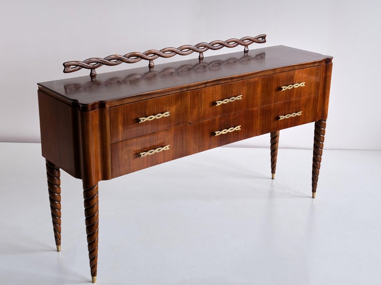 Hand-Carved Paolo Buffa Buffet / Sideboard in Walnut and Brass, Mario Quarti, Milan, 1942 For Sale