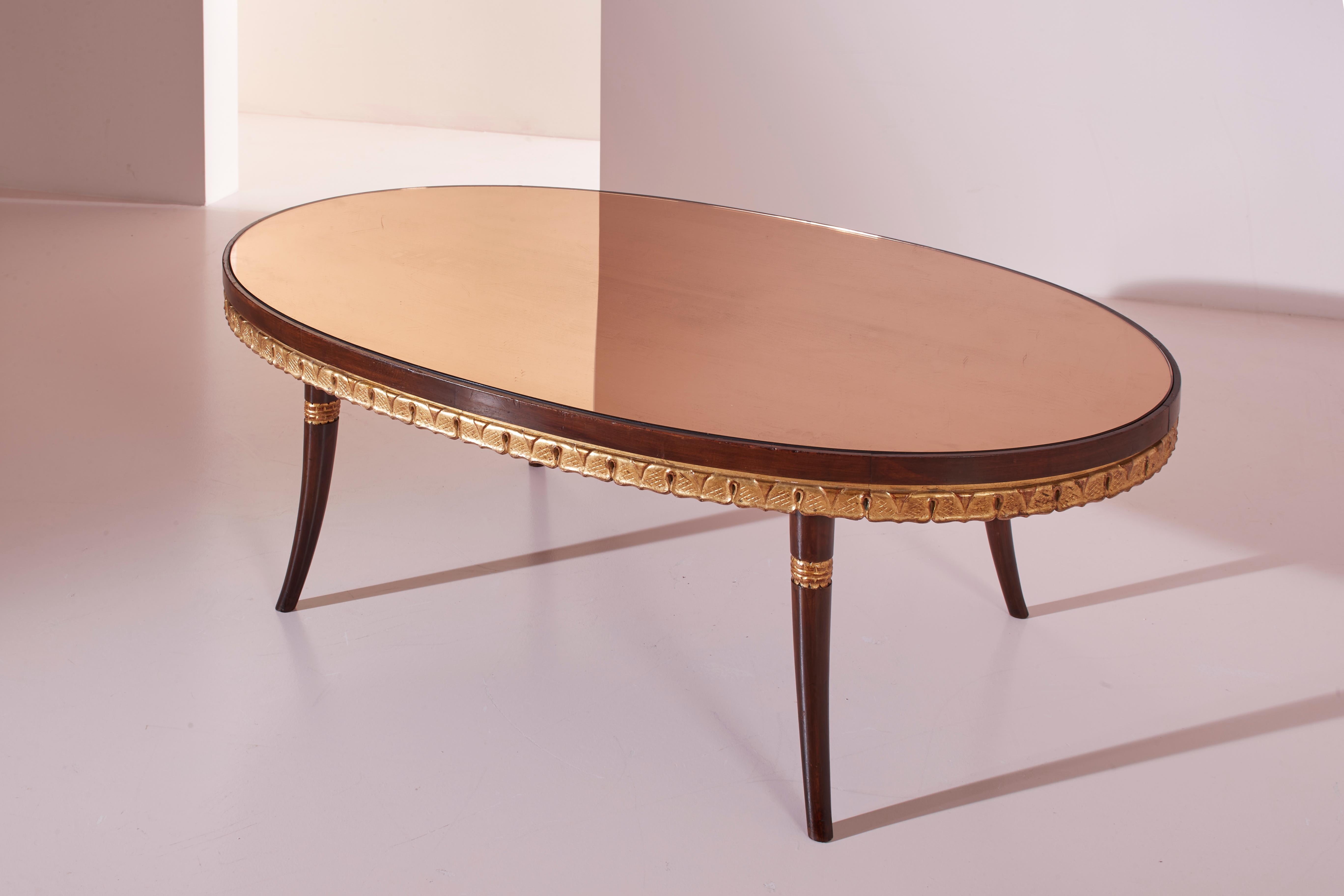 Mirror Paolo buffa coffee table with painted and gilded wood and a mirrored glass top For Sale