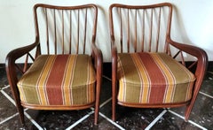 Paolo Buffa Design Pair Of Italian Wooden Armchairs Upholstered Fabric Cushions