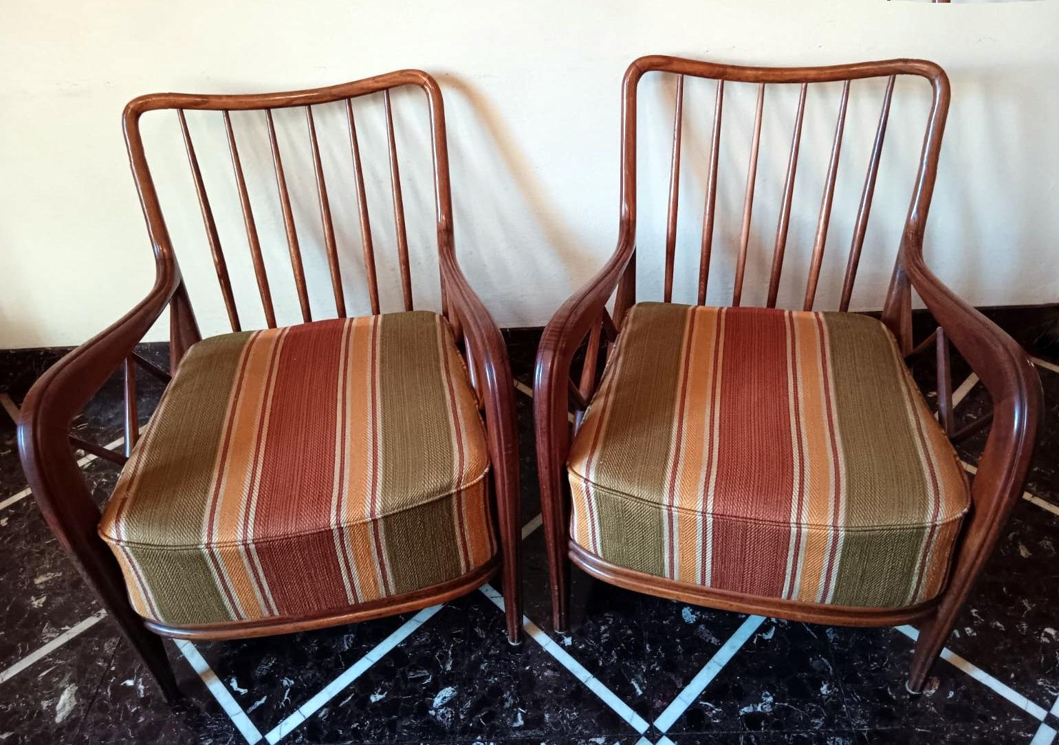 Mid-Century Modern Paolo Buffa Design Pair Of Italian Wooden Armchairs Upholstered Fabric Cushions