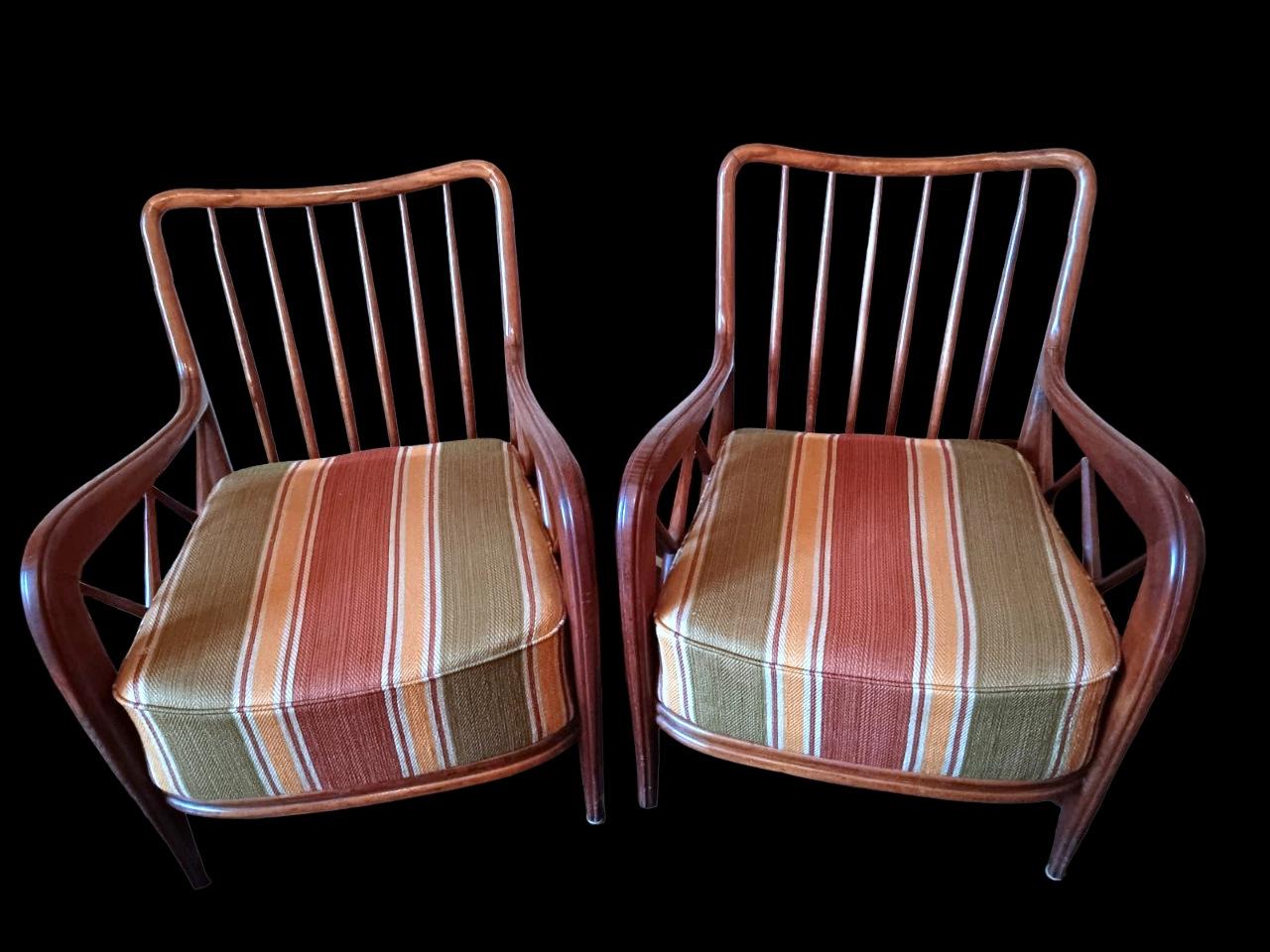 Hand-Crafted Paolo Buffa Design Pair Of Italian Wooden Armchairs Upholstered Fabric Cushions