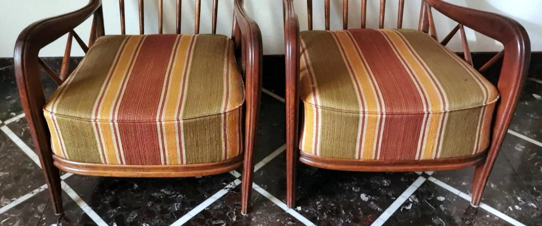 Mid-20th Century Paolo Buffa Design Pair Of Italian Wooden Armchairs Upholstered Fabric Cushions