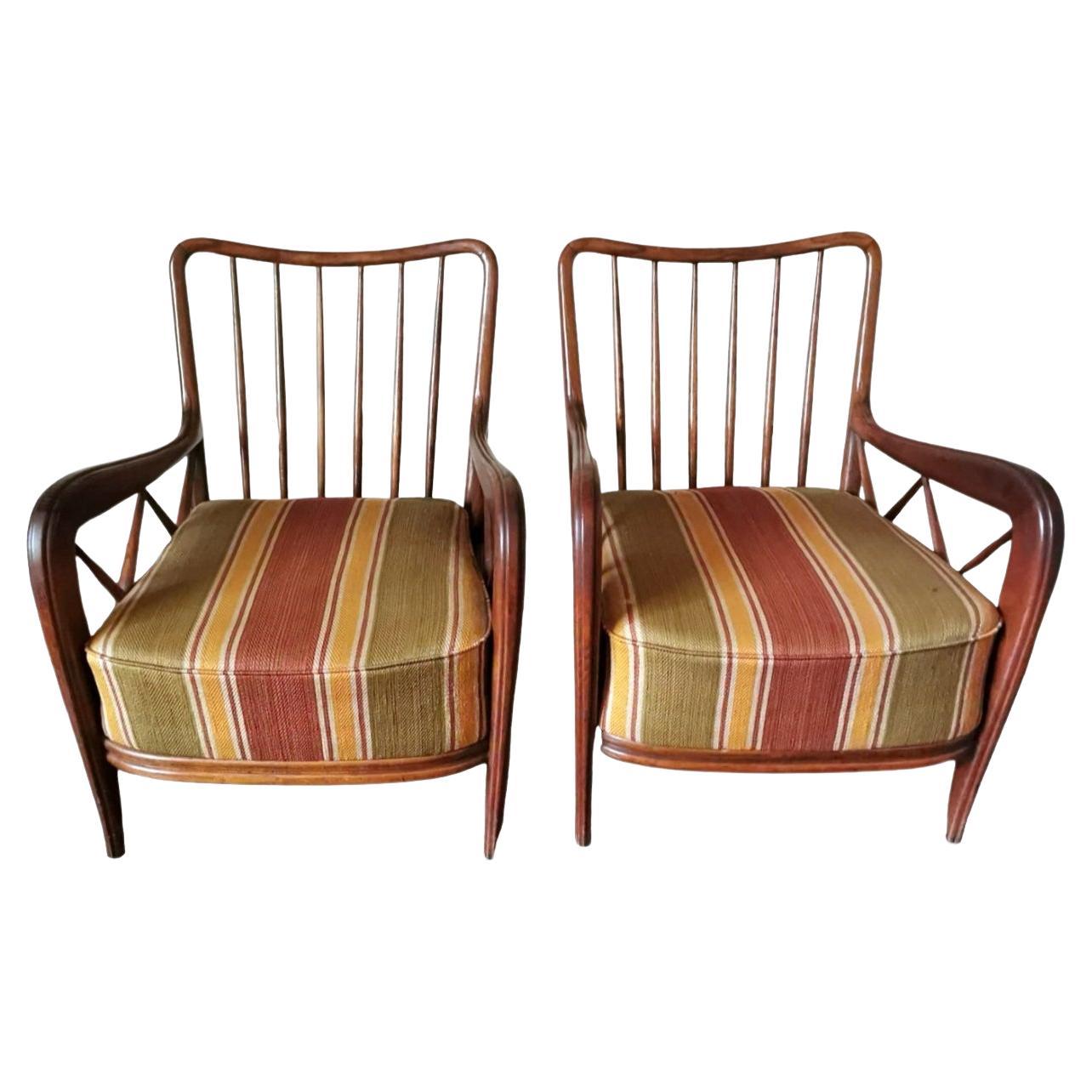 Paolo Buffa Design Pair Of Italian Wooden Armchairs Upholstered Fabric Cushions