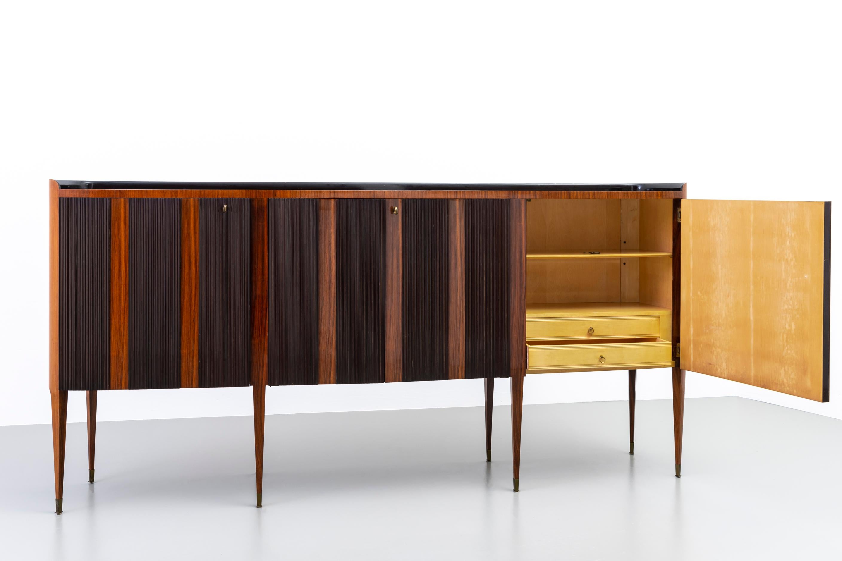 Mid-20th Century Paolo Buffa Eight-Legs Grande Credenza in Wood, Brass and Glass, Italy, 1950's For Sale