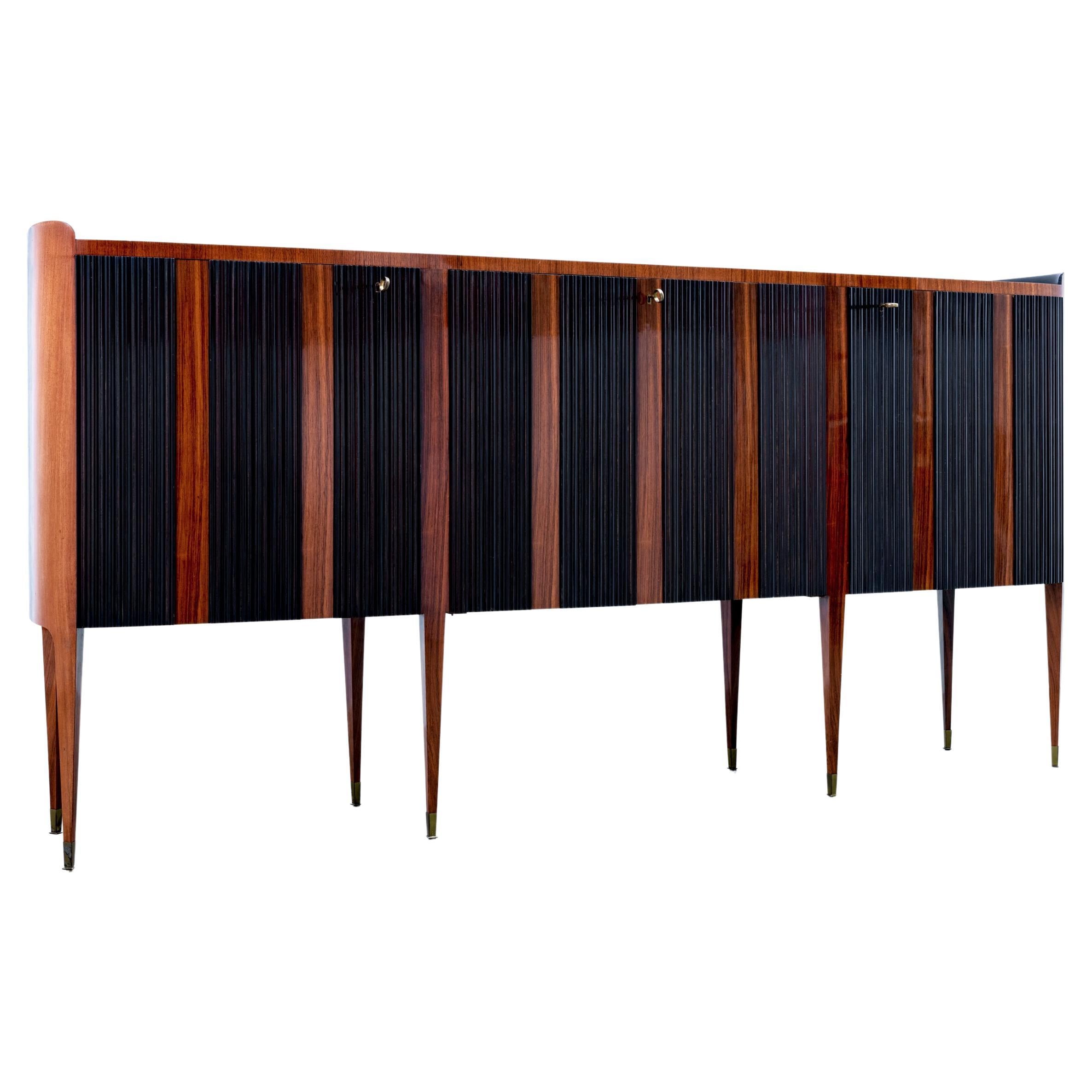 Paolo Buffa Eight-Legs Grande Credenza in Wood, Brass and Glass, Italy, 1950's For Sale