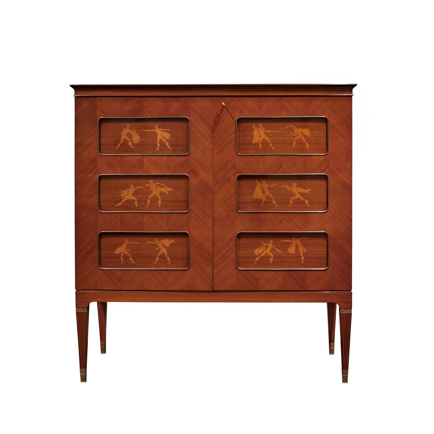 Remarkable liquor cabinet in Italian mahogany  with chevron pattern on sides and front with two doors each displaying four exquisitely inlaid fencing motifs by Paolo Buffa, Italy 1950's. Inside are four glass shelves on each door and ten drawers
