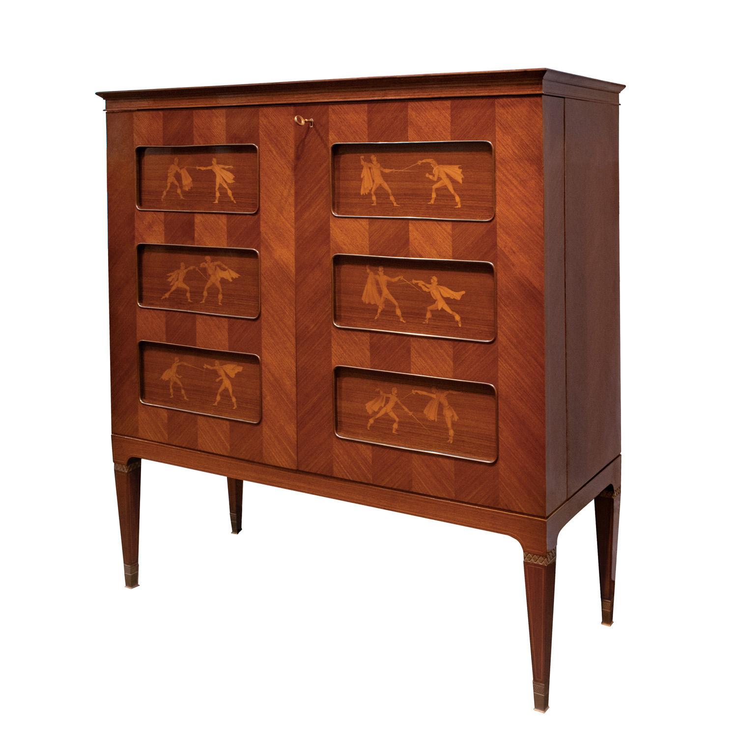Mid-Century Modern Paolo Buffa Exceptional Illuminated Liquor Cabinet with Intricate Inlays 1950s For Sale