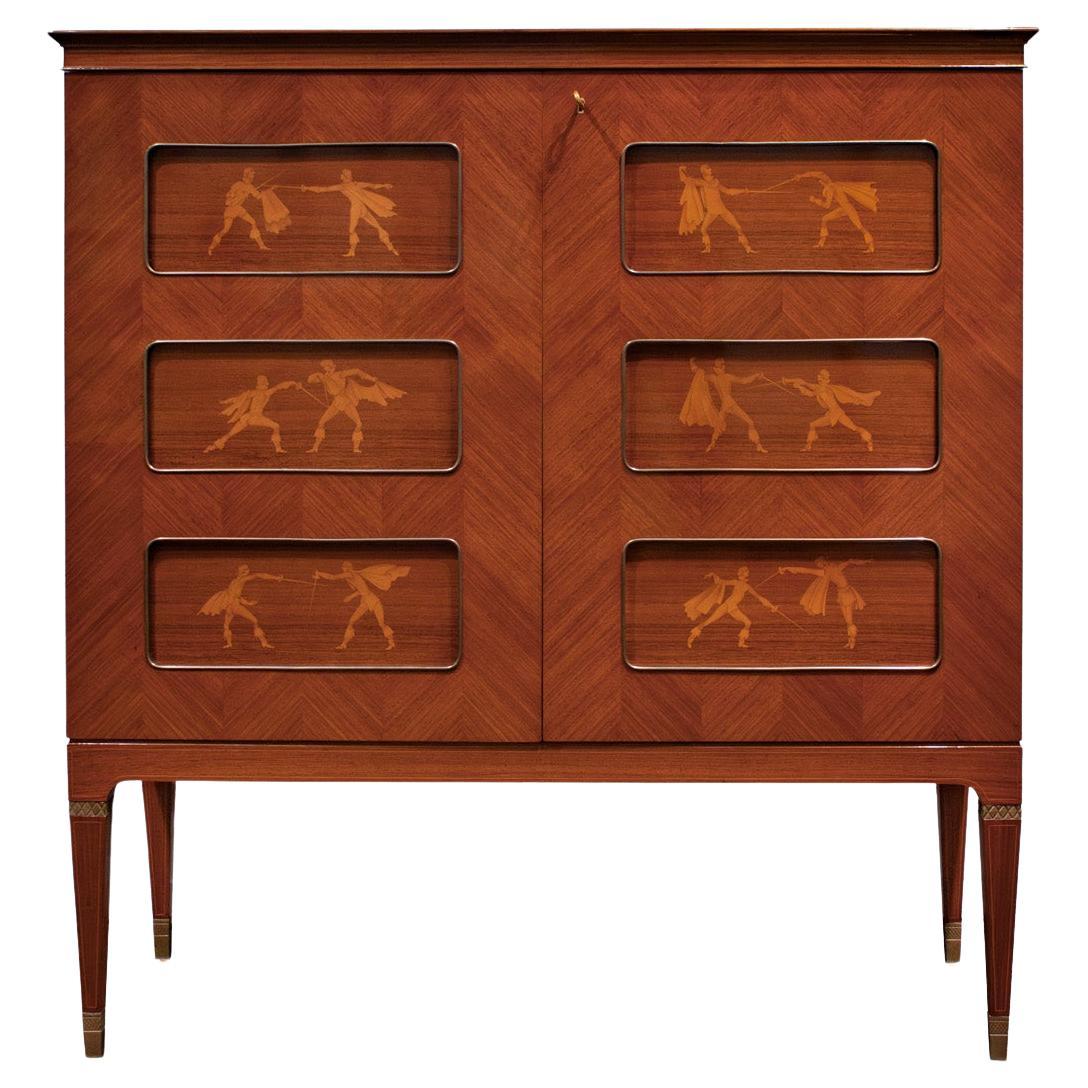 Paolo Buffa Exceptional Liquor Cabinet with Intricate Inlays 1950s For Sale