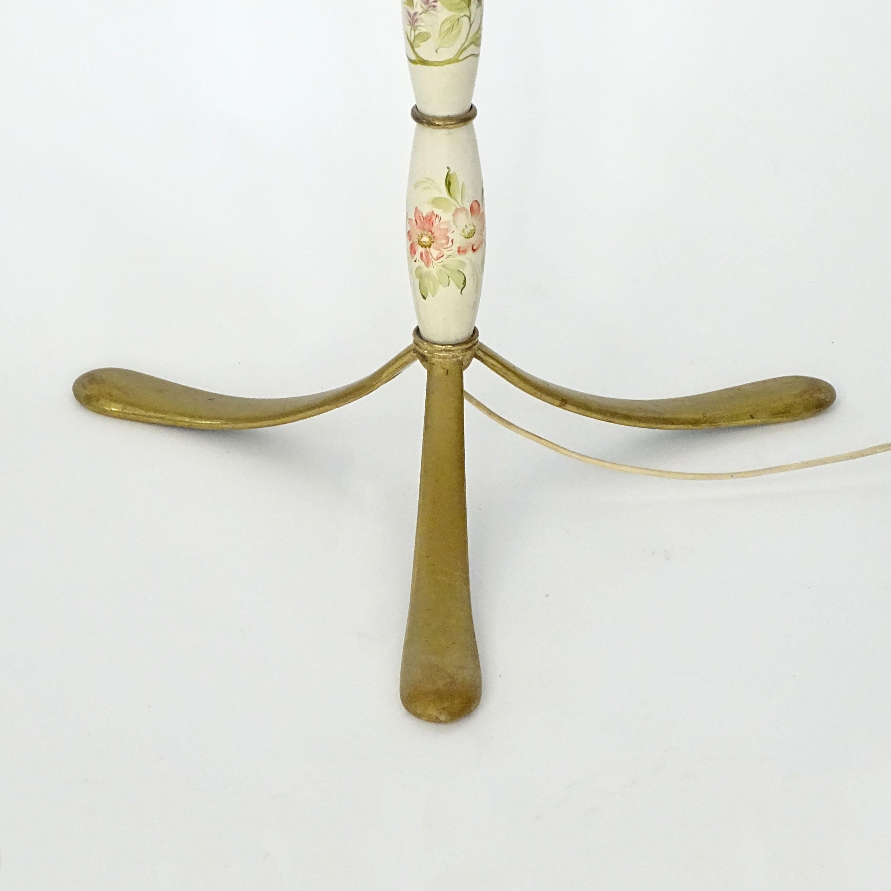 Mid-Century Modern Paolo Buffa Flowers and Birds Decorated Floor Lamp in Wood and Brass, 1940s For Sale
