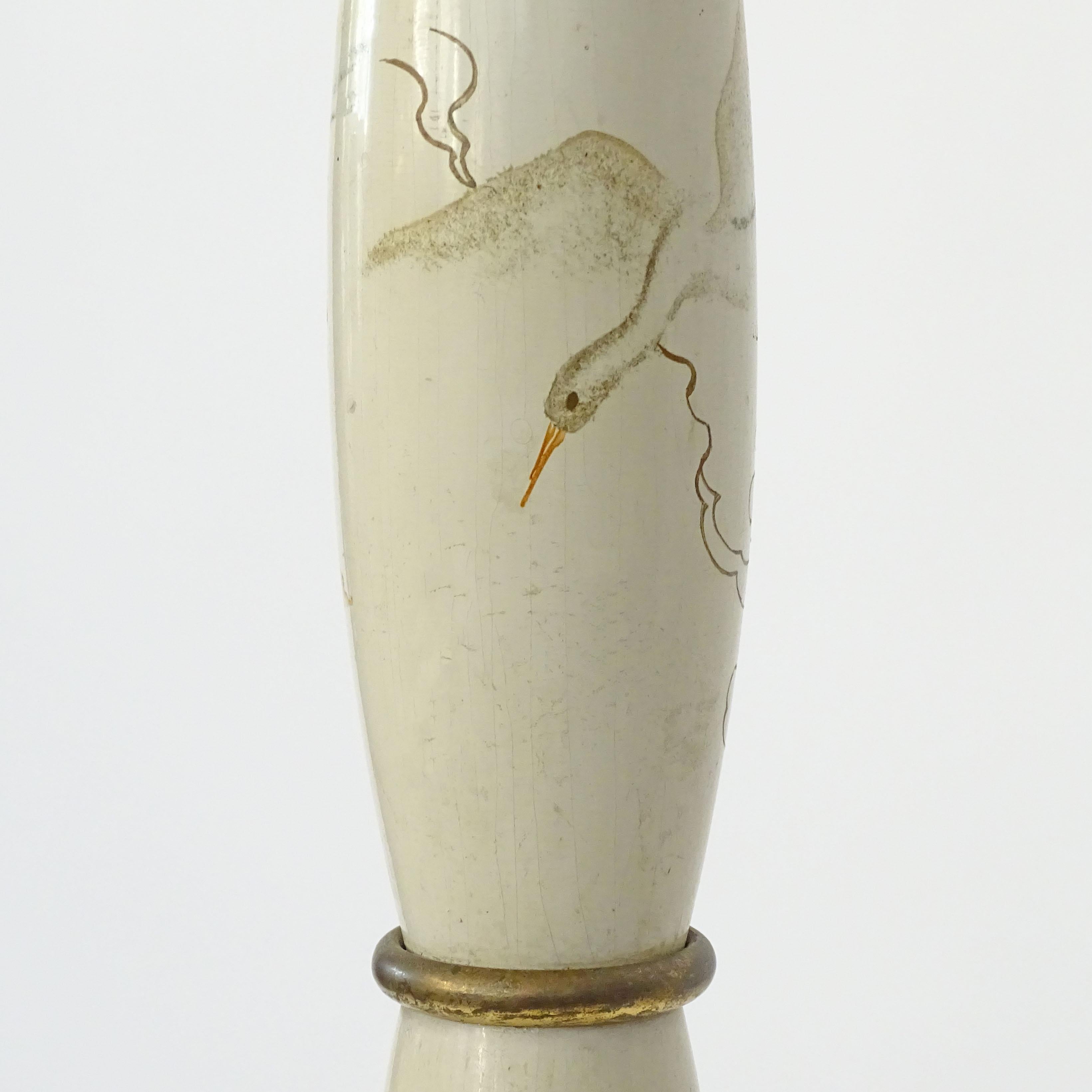 Hand-Painted Paolo Buffa Flowers and Birds Decorated Floor Lamp in Wood and Brass, 1940s For Sale