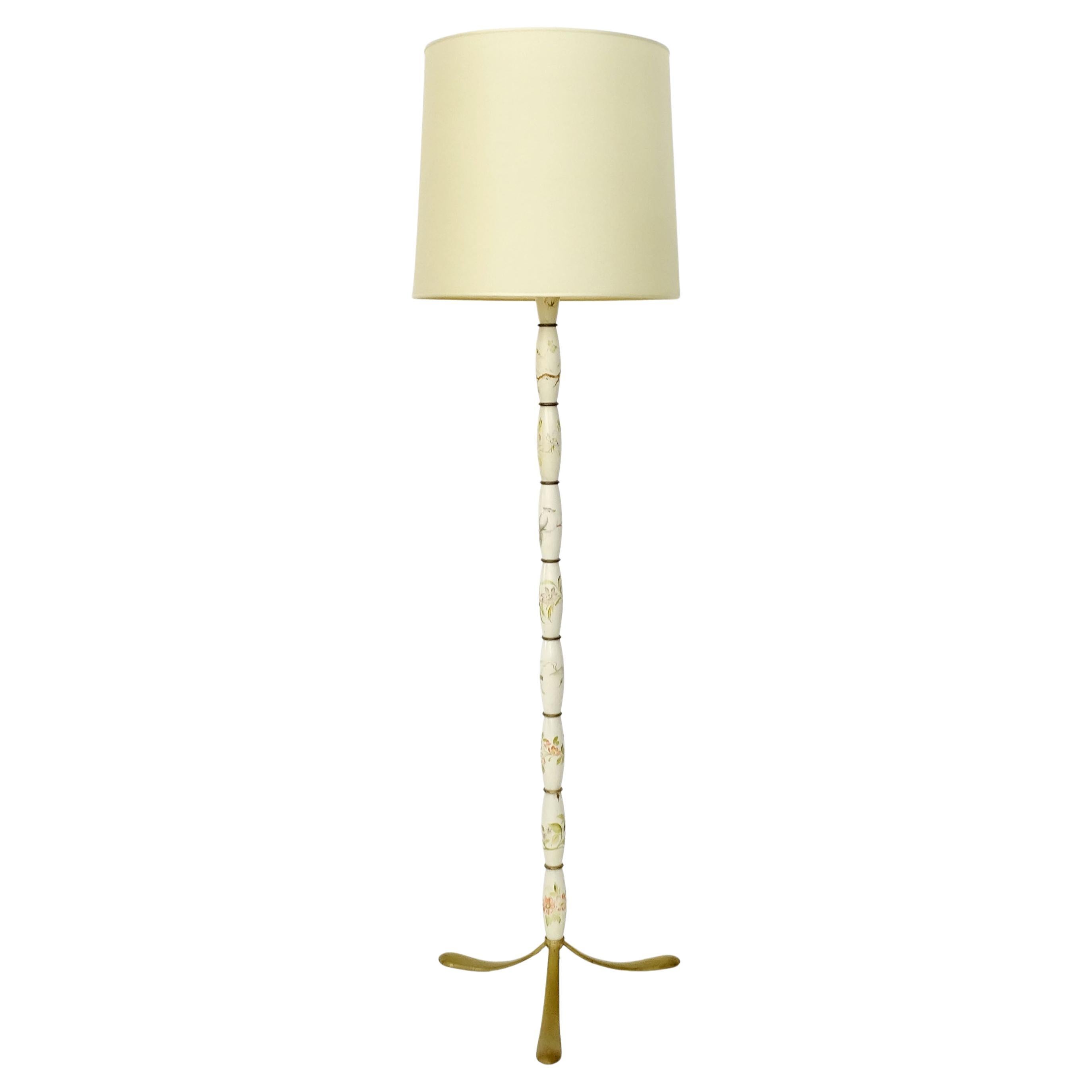 Paolo Buffa Flowers and Birds Decorated Floor Lamp in Wood and Brass, 1940s For Sale