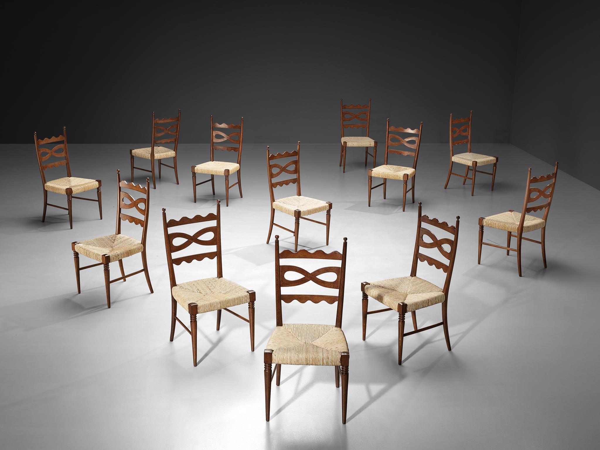 Paolo Buffa für Esposizione Permanente mobili Cantù, Satz von zwölf Esszimmerstühlen, Kastanie, Strohgeflecht, Italien, 1940er Jahre

Diese Stühle wurden von dem visionären italienischen Designer und Architekten Paolo Buffa (1903-1970) entworfen und