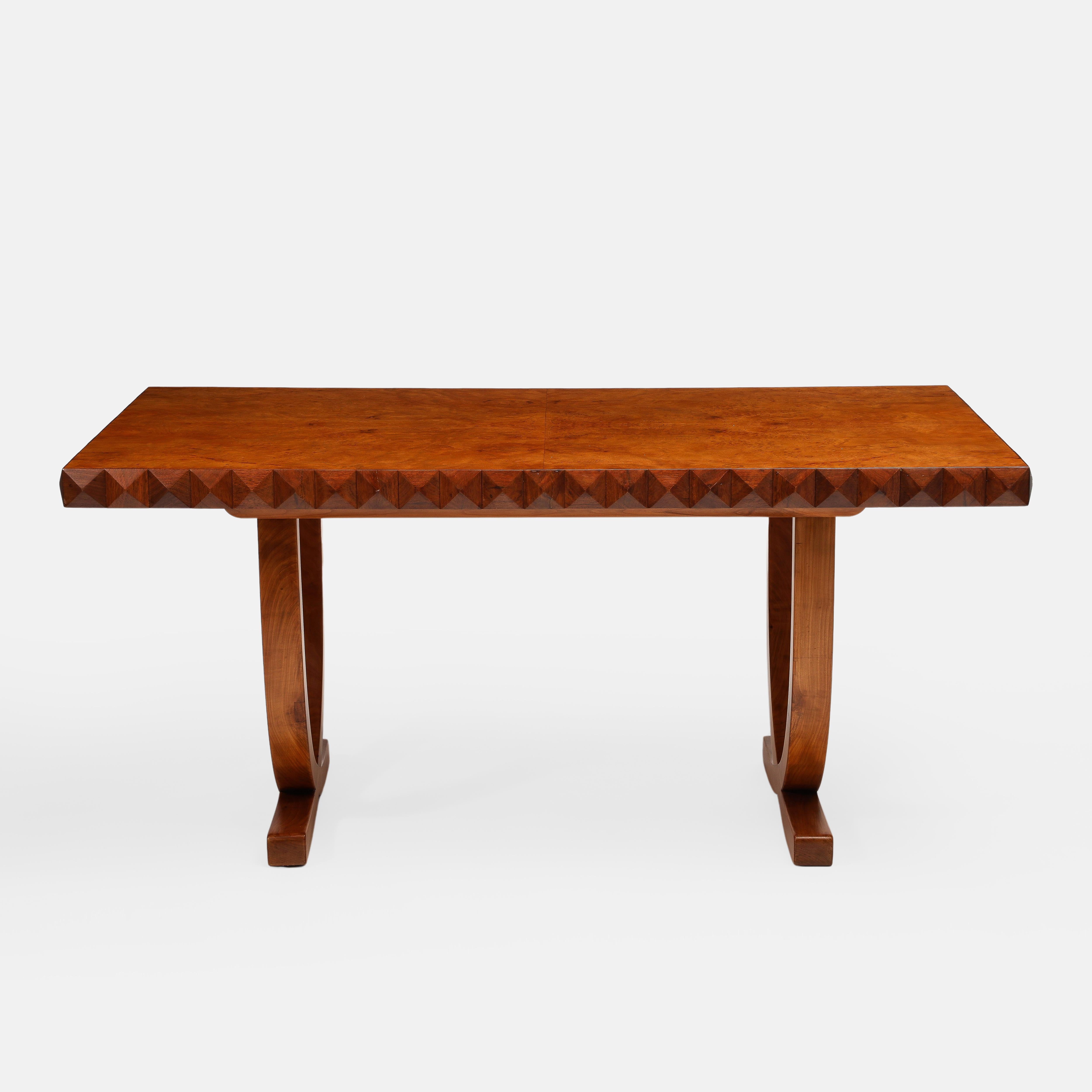Paolo Buffa for Serafino Arrighi rare and exquisite rectangular table with polished cherrywood veneered tabletop, decorative carved diamond or pyramid-shaped square wood panels on tabletop edges, resting on walnut base with sculptural and elegant