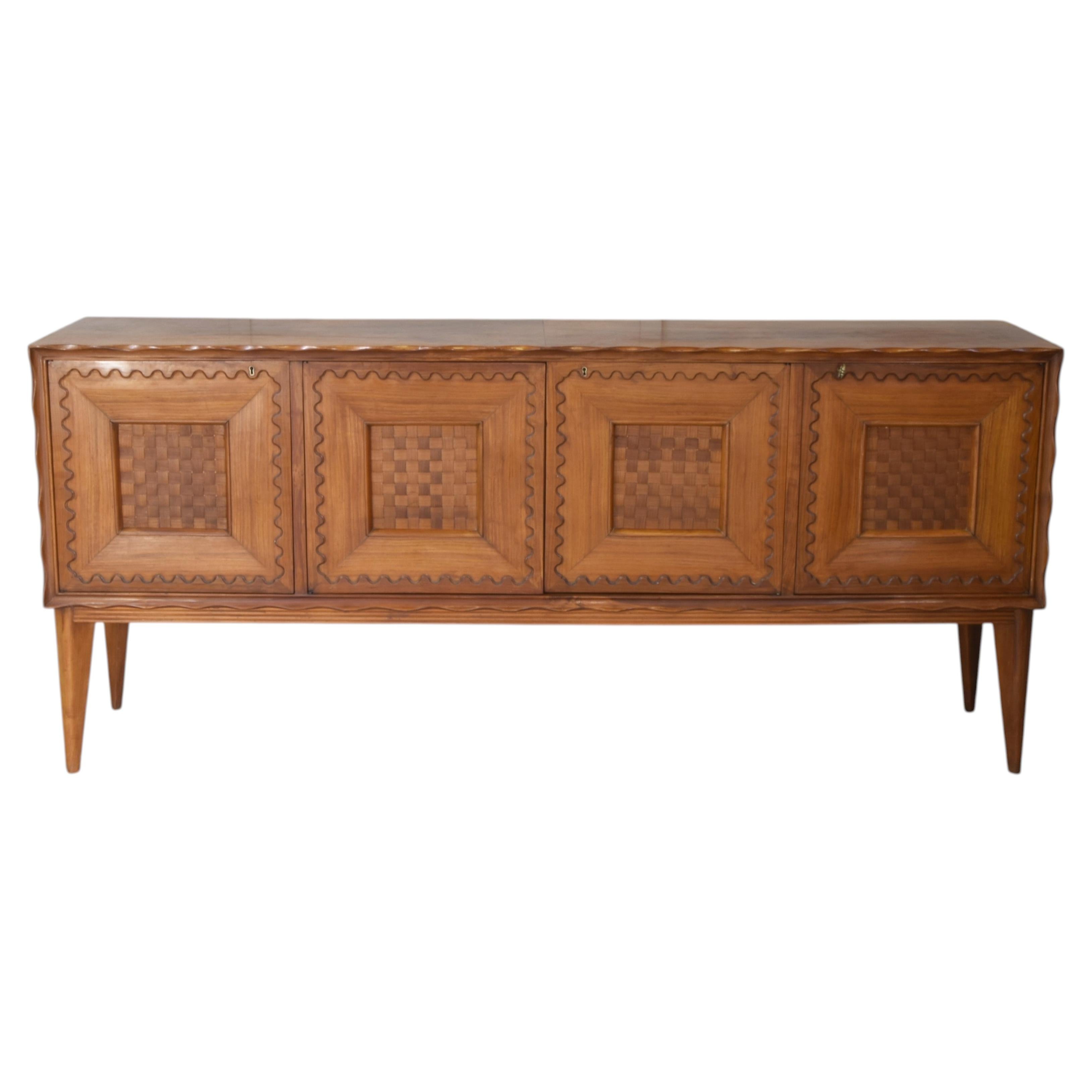 Paolo Buffa FourDoor Walnut Credenza with Checkerboard Marquetry 1950s