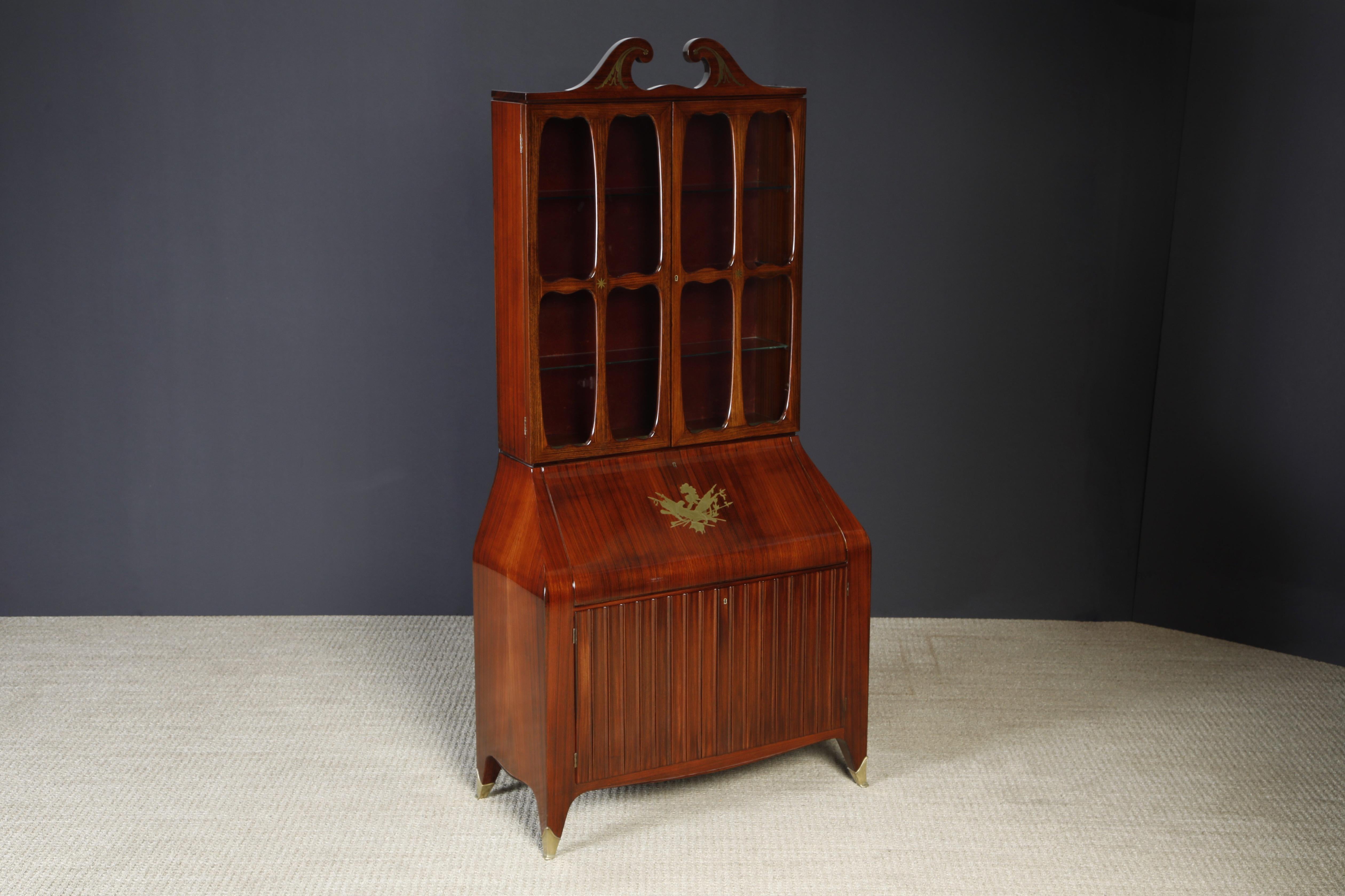 Paolo Buffa & Giovanni Gariboldi, Sekretär-Schrank mit Intarsien aus Messing, um 1950, restauriert im Zustand „Gut“ im Angebot in Los Angeles, CA