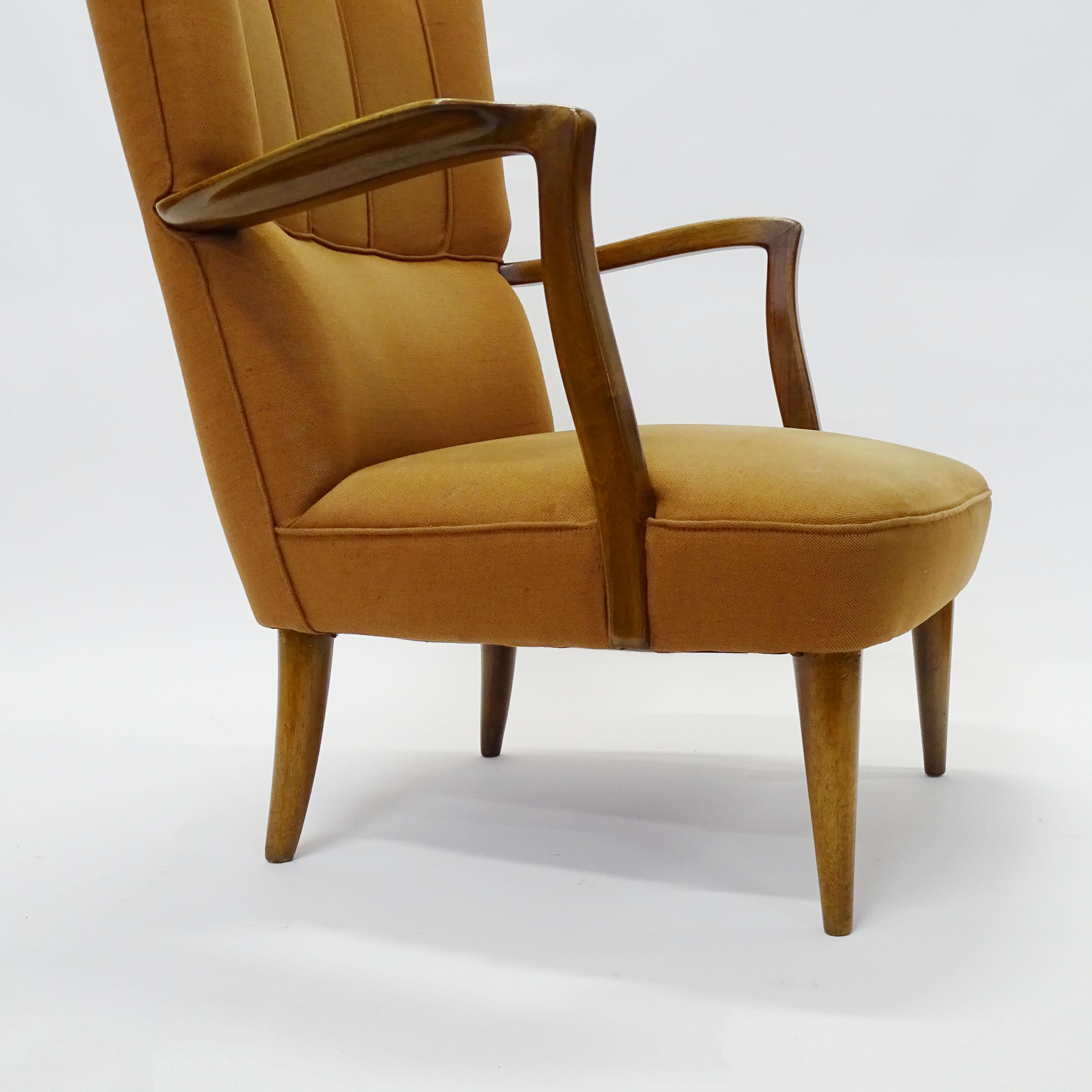 Paolo Buffa high back armchairs in original ochre upholstery, Italy 1940s.
 