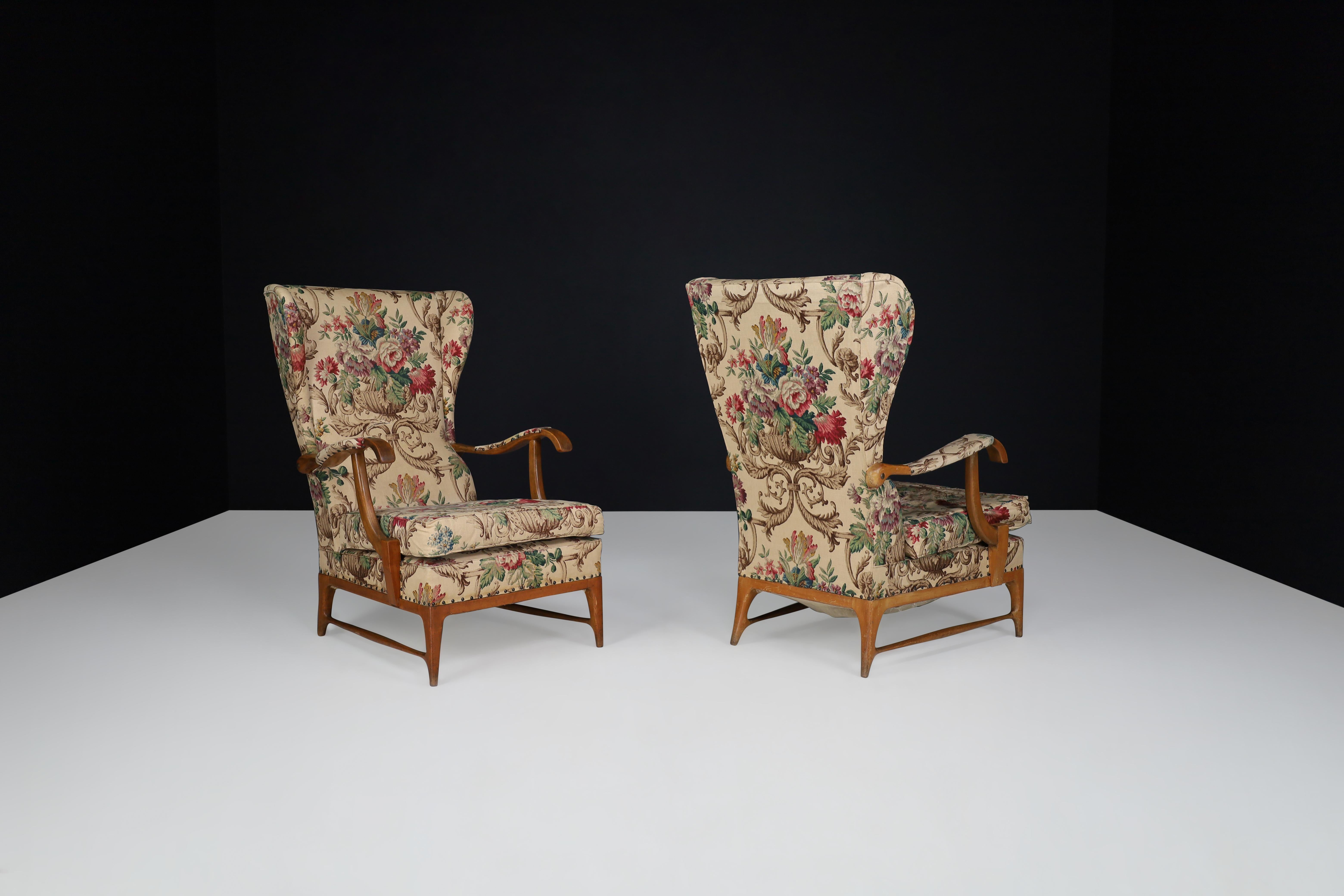 Paolo Buffa High-Back Armchairs with Floral Upholstery, Italy, 1940s 2