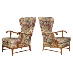 Paolo Buffa High-Back Armchairs with Floral Upholstery, Italy, 1940s