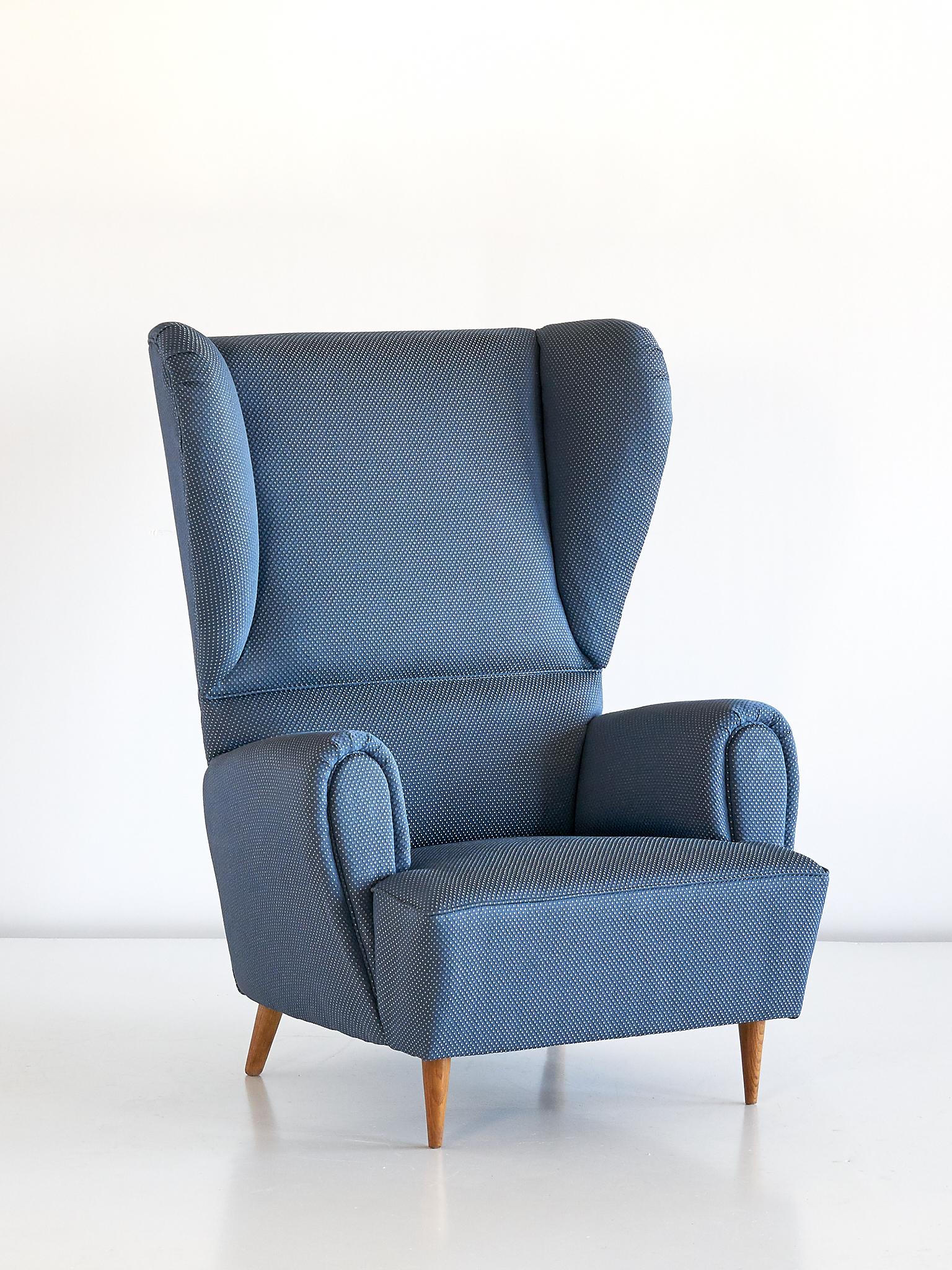 Mid-Century Modern Paolo Buffa High Wingback Chair Upholstered in Blue Rubelli Fabric, Italy, 1940s