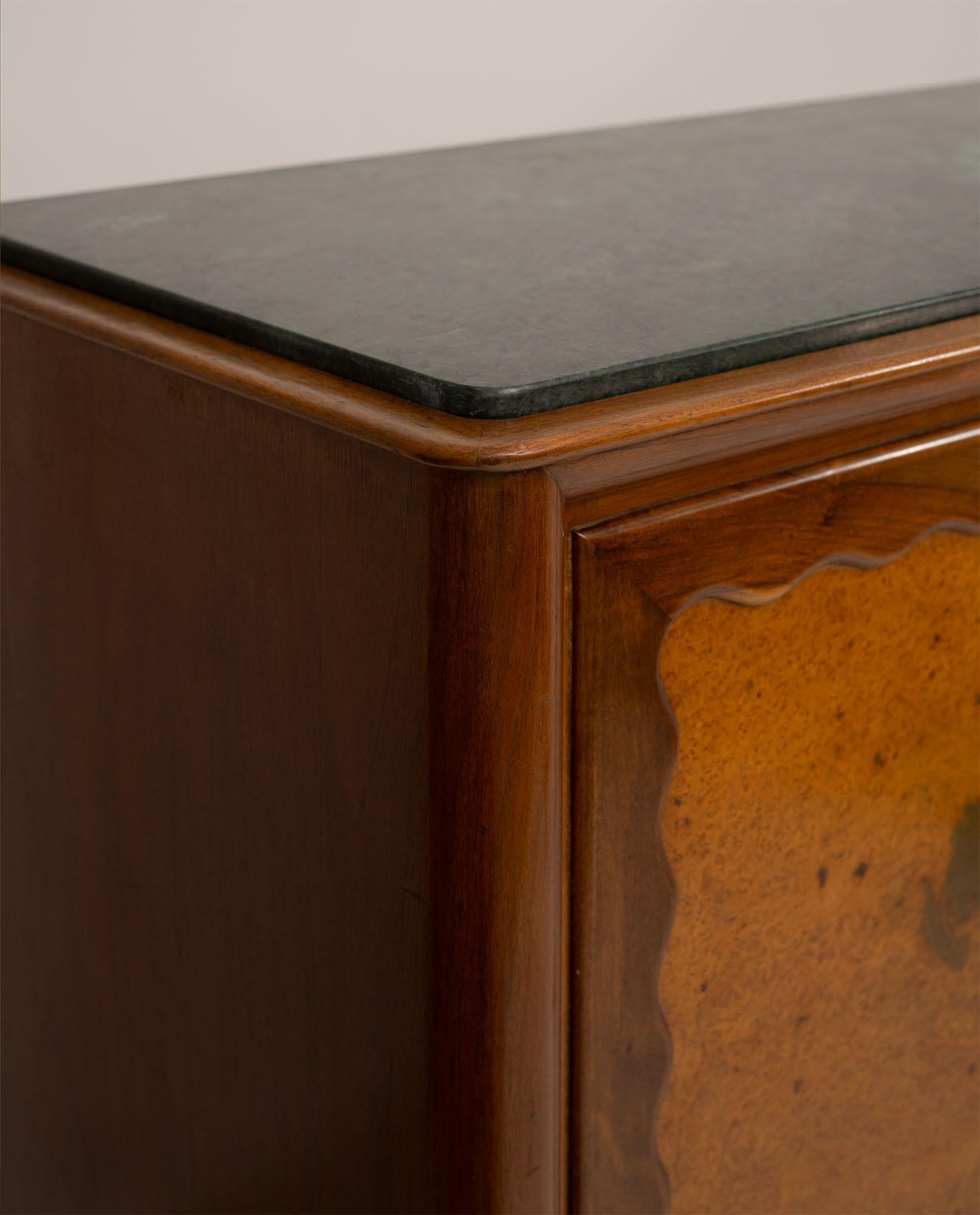 Paolo Buffa Italian Highboard in Walnut, Birch Burl, and Green Marble, 1950's For Sale 7