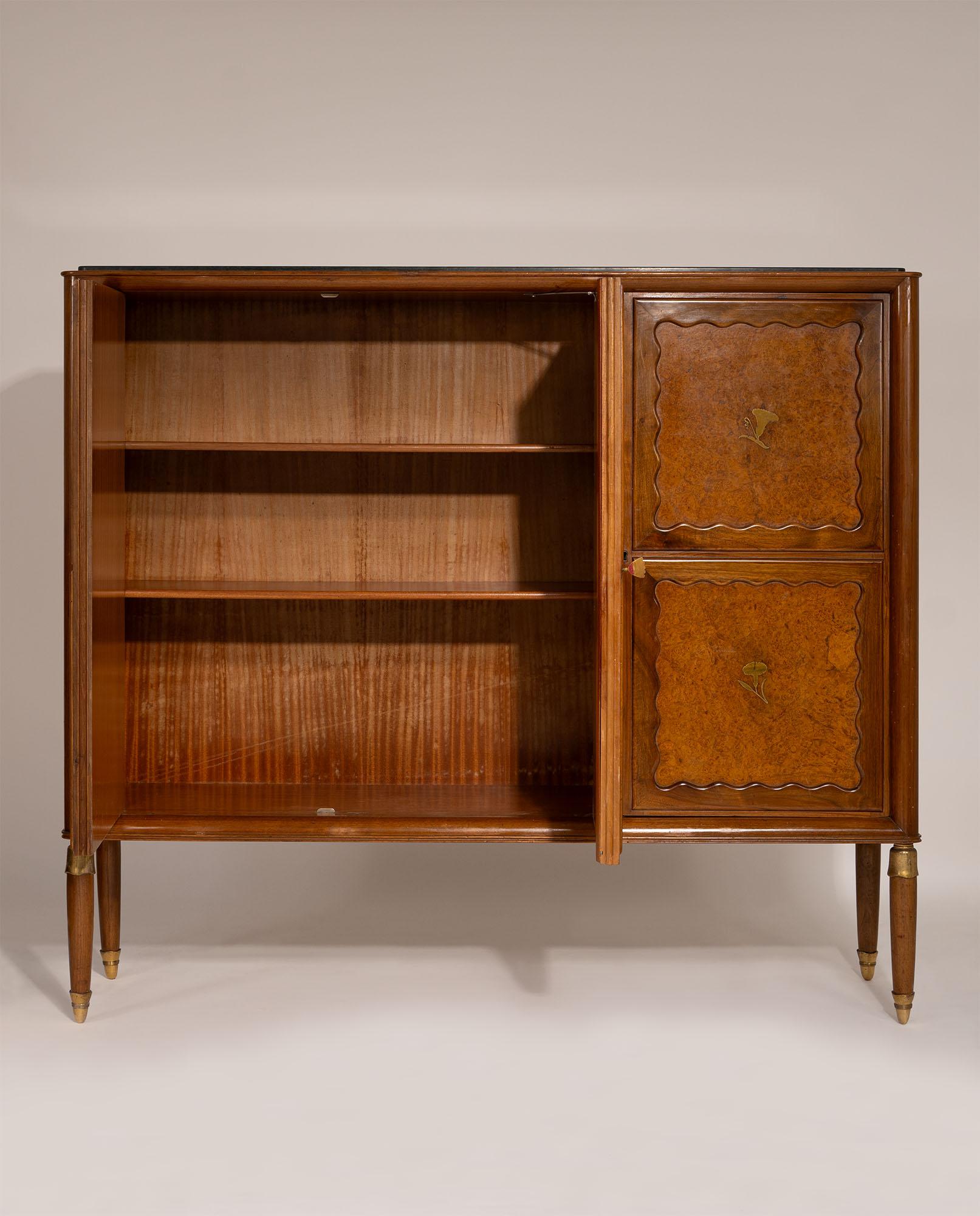 Mid-Century Modern Paolo Buffa Italian Highboard in Walnut, Birch Burl, and Green Marble, 1950's For Sale