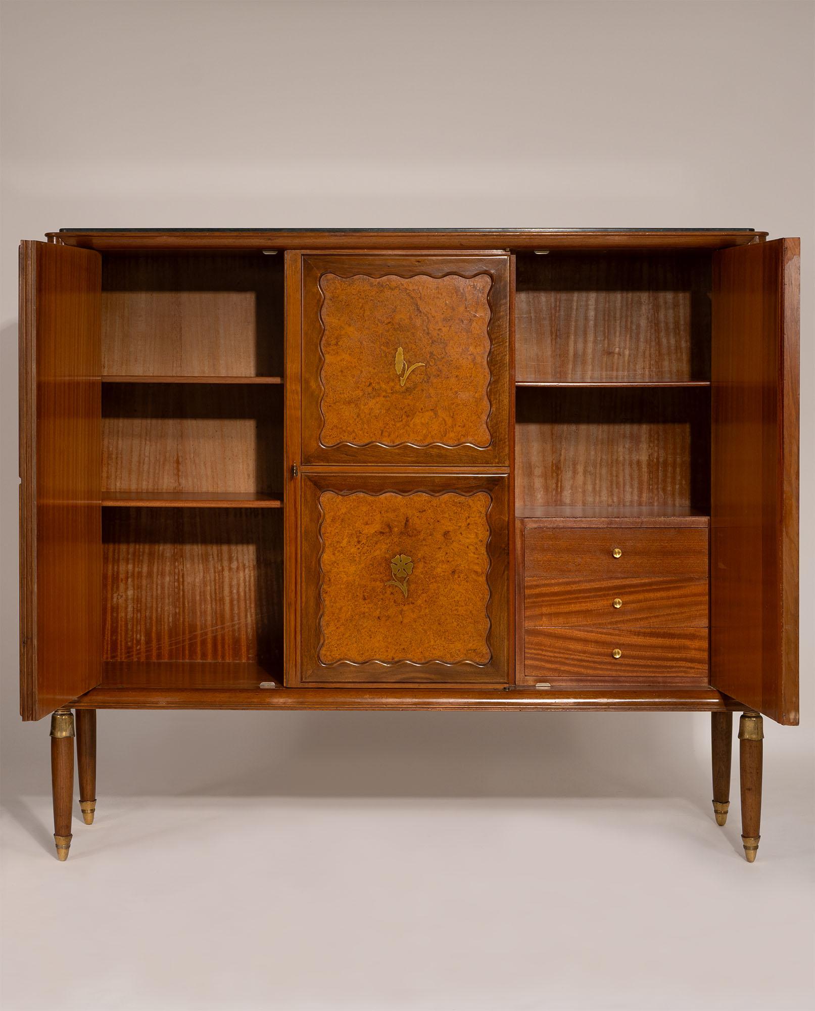 Hand-Crafted Paolo Buffa Italian Highboard in Walnut, Birch Burl, and Green Marble, 1950's For Sale