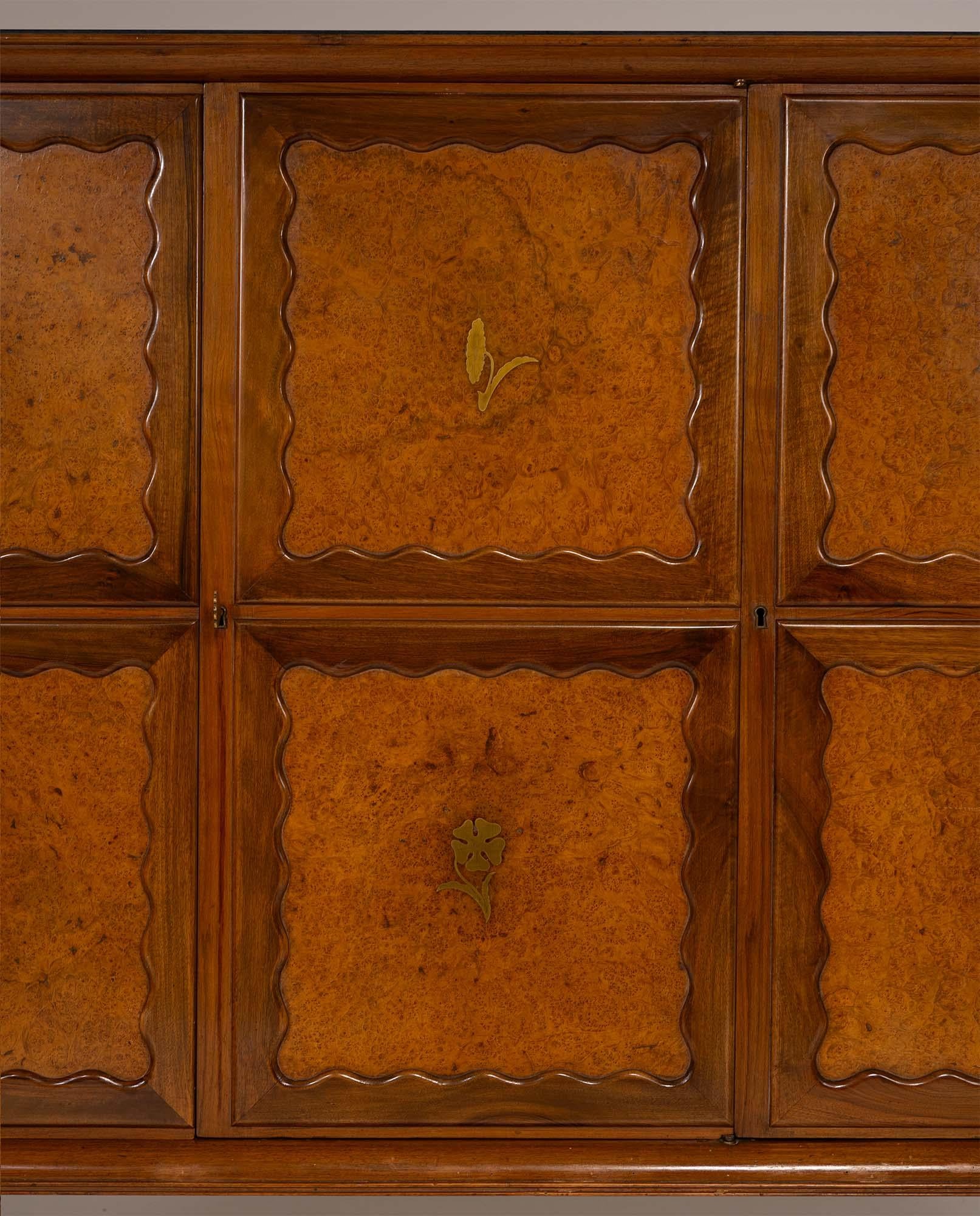 Paolo Buffa Italian Highboard in Walnut, Birch Burl, and Green Marble, 1950's For Sale 2