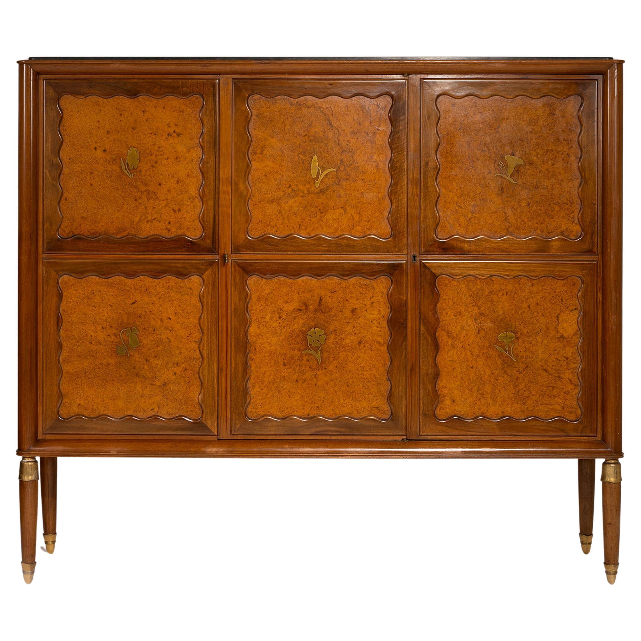 Paolo Buffa Italian Highboard in Walnut, Birch Burl, and Green Marble, 1950's For Sale