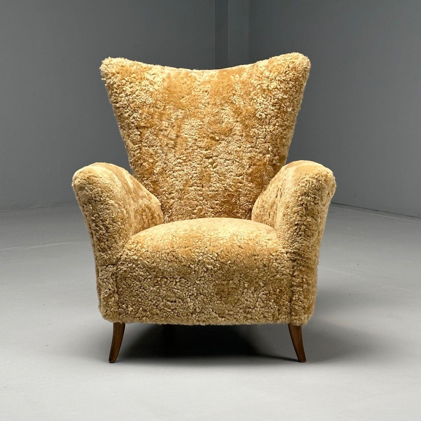 Paolo Buffa, Italienische Mid-Century-Modern-Loungesessel, Shearling, Italien, 1950er Jahre 1