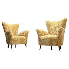 Paolo Buffa, Italienische Mid-Century-Modern-Loungesessel, Shearling, Italien, 1950er Jahre