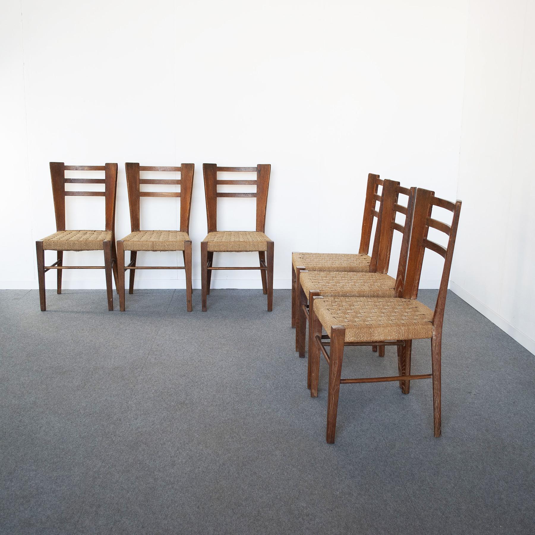 Paolo Buffa Italian Midcentury Set of Six Chairs in Wood and Rope Late 50, S 5
